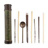 A Mongolian Shagreen and Metal Mounted Eatery Set