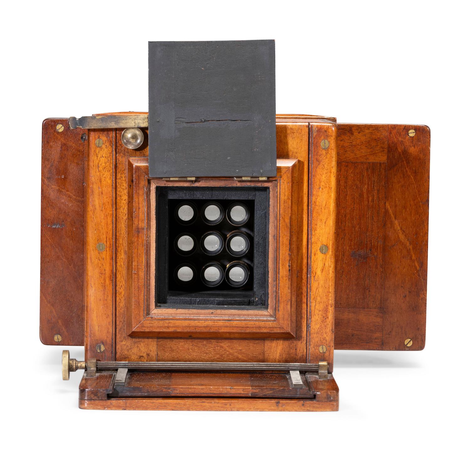 [EARLY PHOTOGRAPHY]. Wet plate, 9-lens camera. Fallowfield, London, ca 1890.