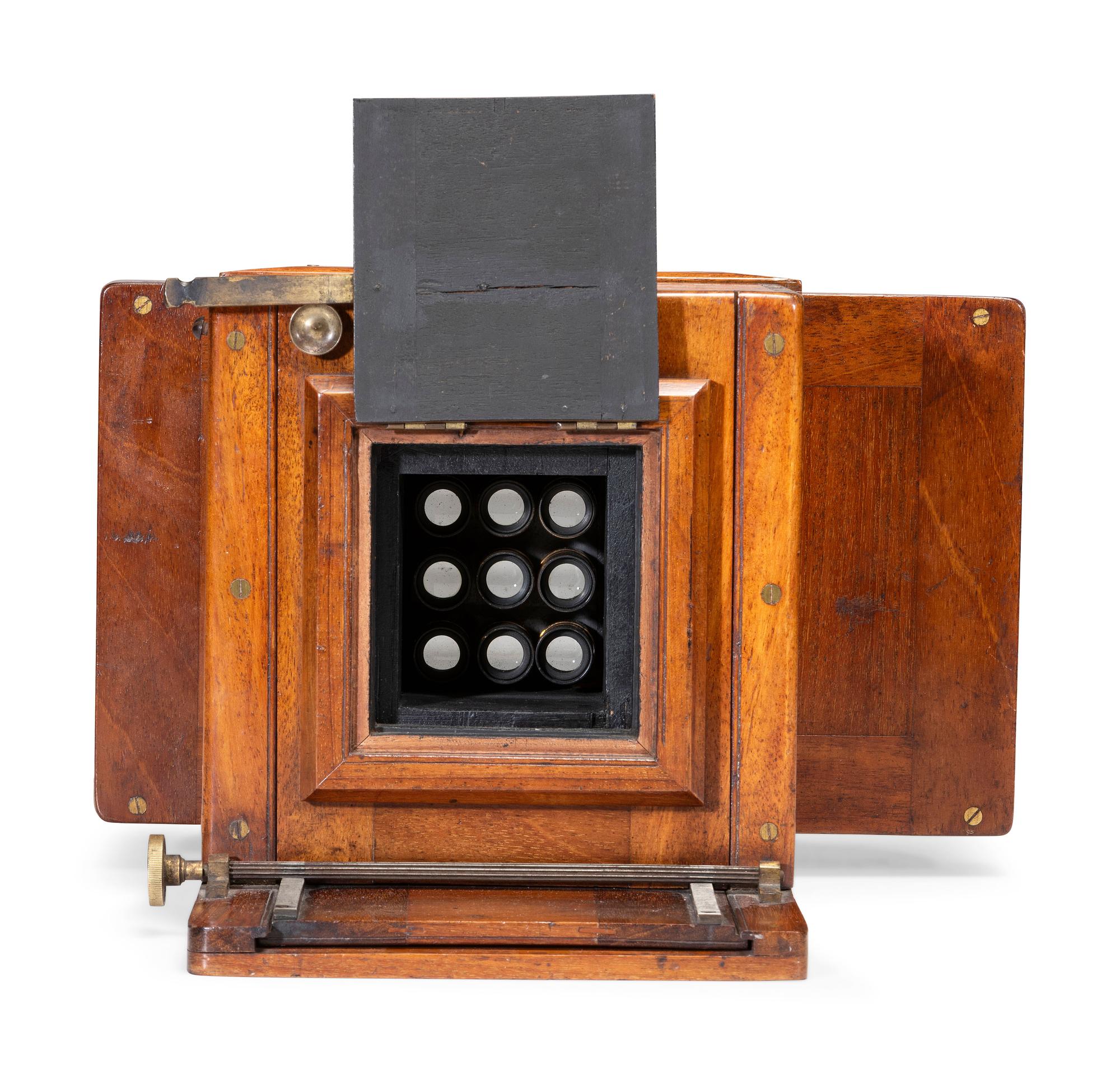 [EARLY PHOTOGRAPHY]. Wet plate, 9-lens camera. Fallowfield, London, ca 1890.