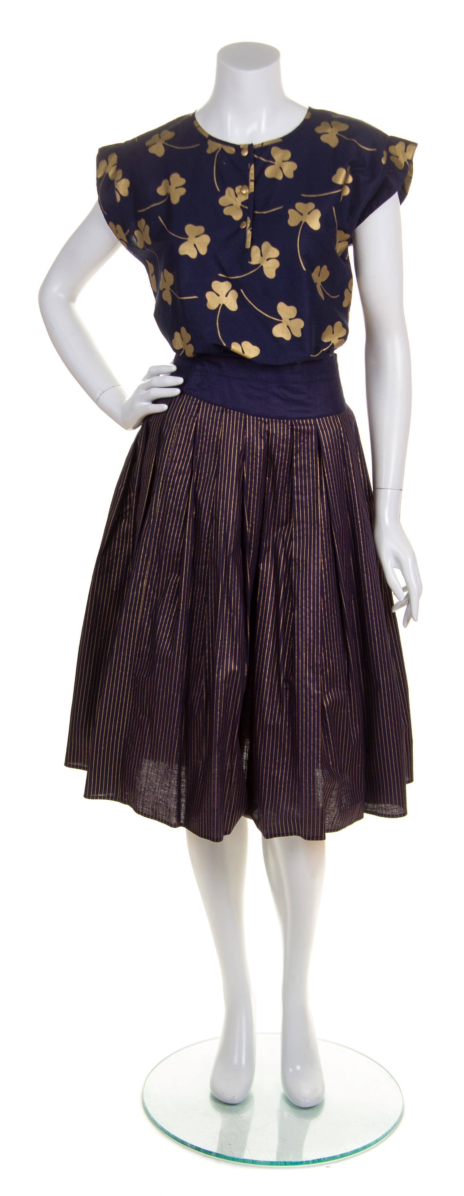 A Krizia Navy and Gold Cotton Skirt Ensemble, Size 42.