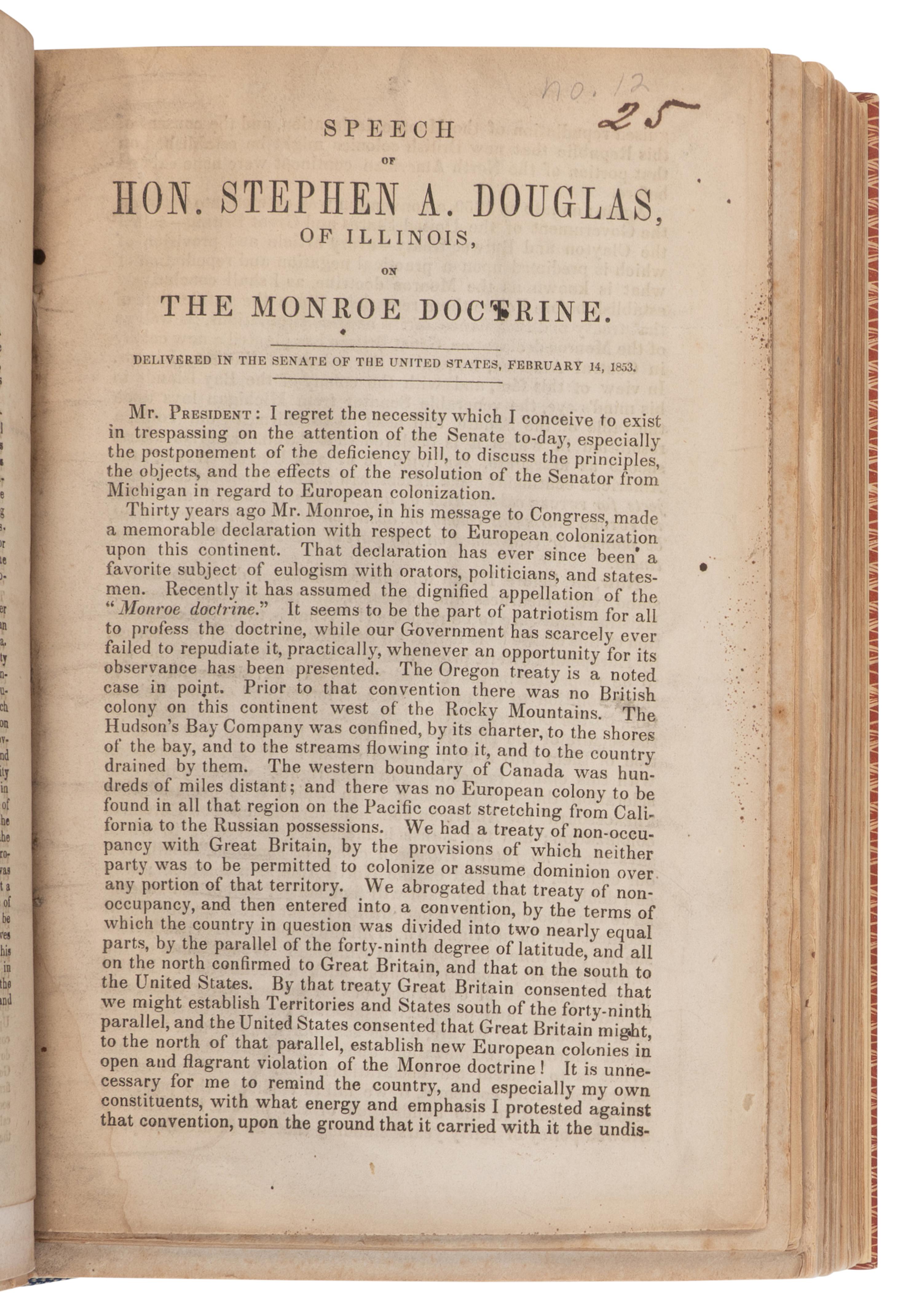 DOUGLAS, Stephen Arnold (1813-1861). A sammelband of 42 titles, including:
