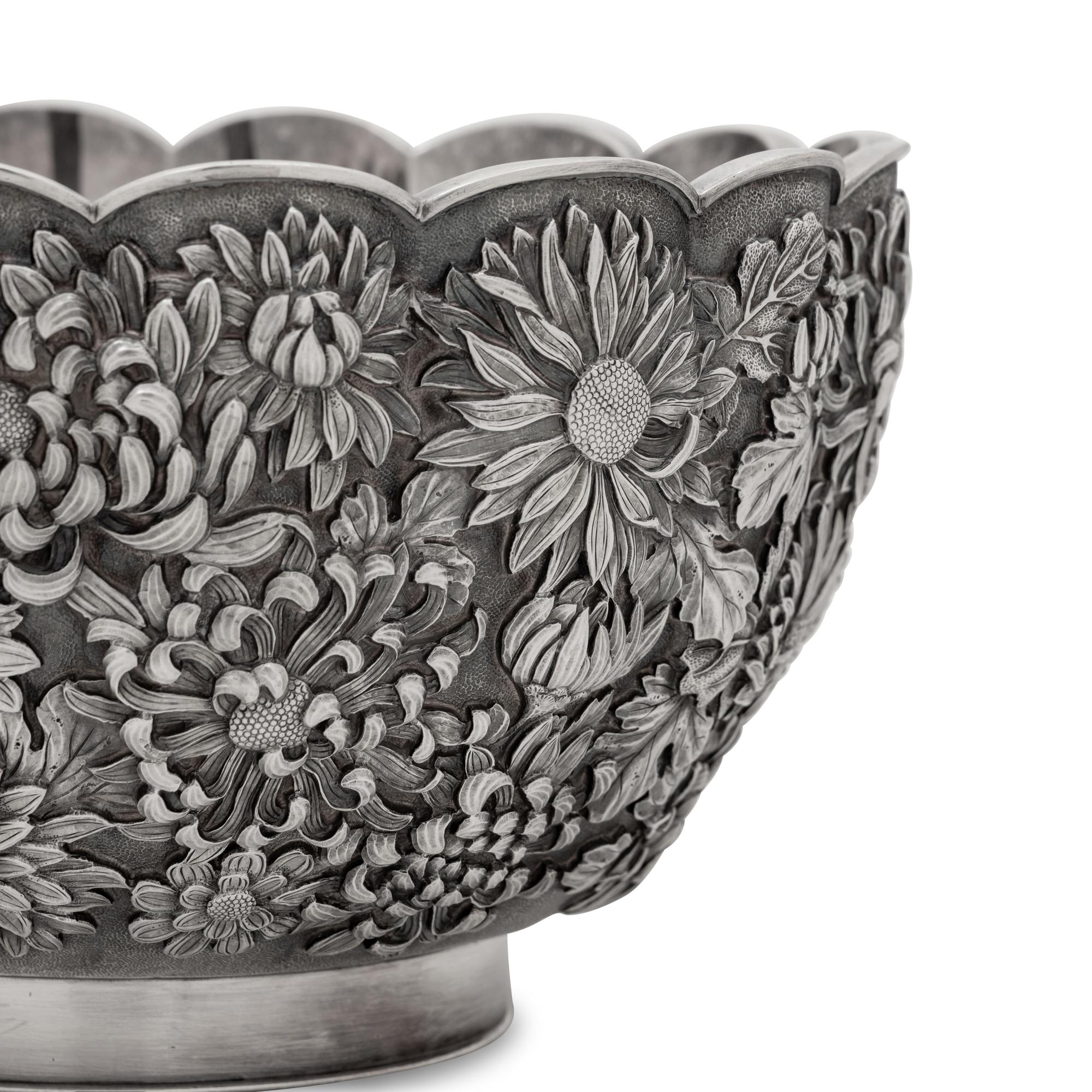 A Japanese Silver Chrysanthemum Bowl