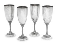 A Set of Four Asprey Silver Champagne Flutes and Tray