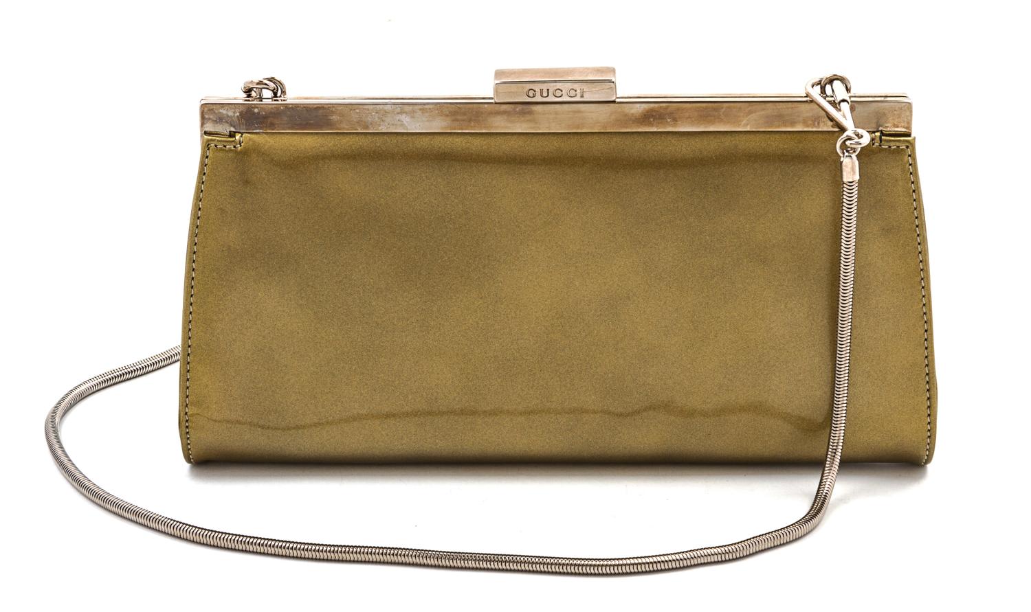 A Gucci Gold Metallic Patent Leather Clutch, 10 x 5 x 1 1/2 inches.