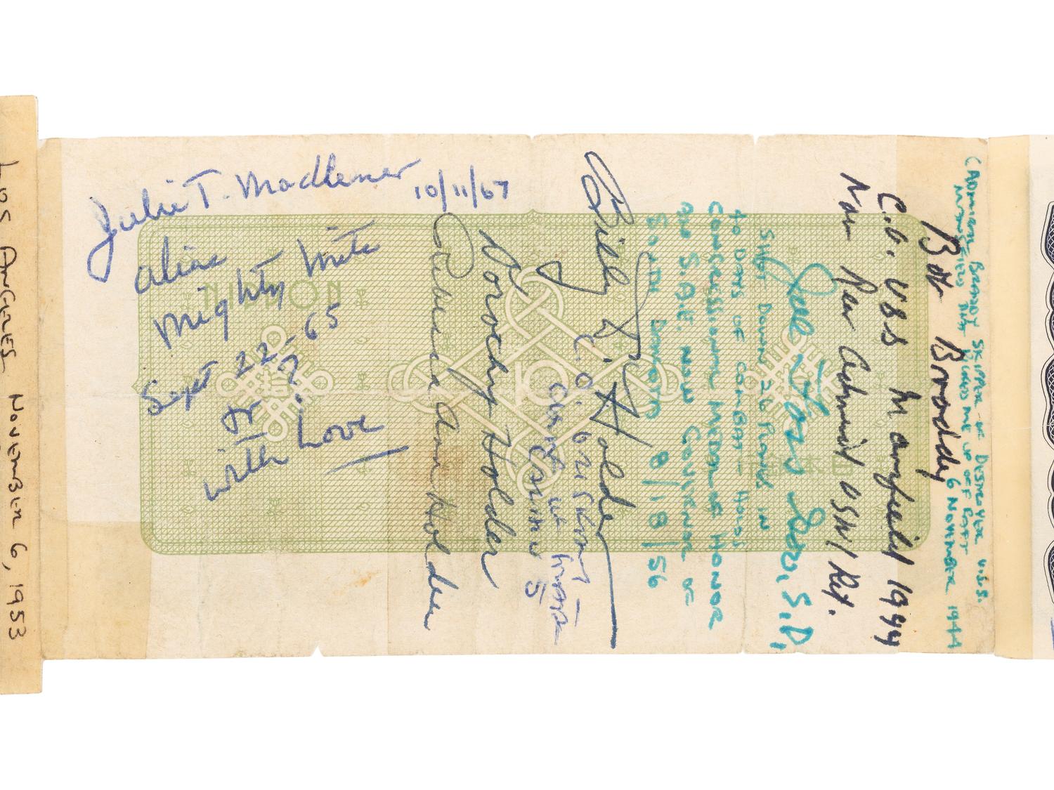 [WORLD WAR II]. Short snorter identified to Rear Admiral Edwin Mark Wilson, Jr. USN, containing autographs of Genl. Douglas MACARTHUR, Eddie RICKENBACKER, Willie MAYS, Herbert HOOVER, Richard NIXON, and more. Ca 1945-1977.
