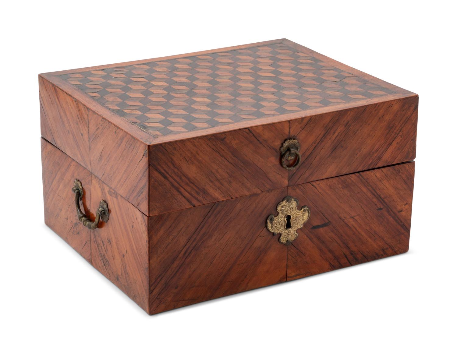 A Sèvres Painted and Parcel Gilt Porcelain Tea and Cordial Service in a Fitted Kingwood and Parquetry Traveling Case