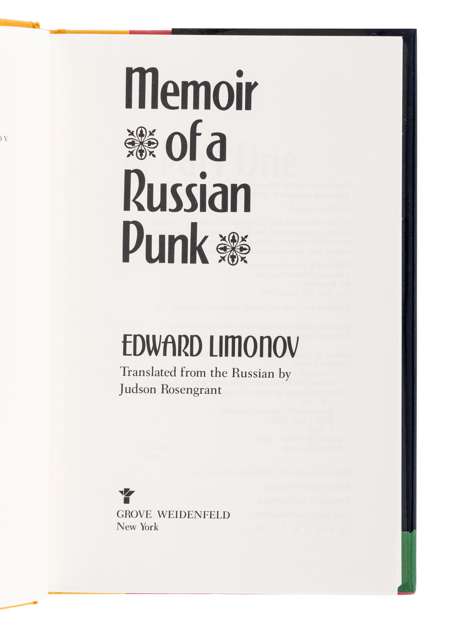 LIMONOV, Edward [Eduard Limonov] (1943-2020). His Butler’s Story . Judson Rosengrant, translator. New York: Grove Press, [1987].
