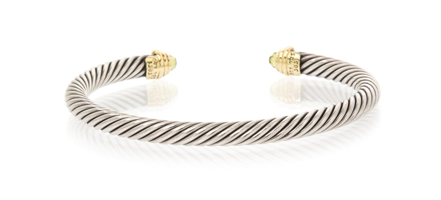 A Sterling Silver, 14 Karat Yellow Gold and Prasiolite Open Bangle, David Yurman, 17.50 dwts.