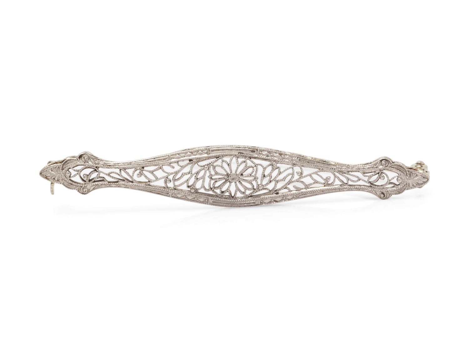 An Antique 14 Karat White Gold Bar Brooch, Krementz,