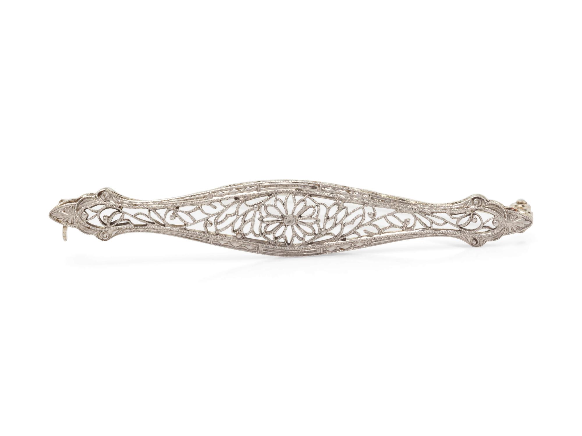 An Antique 14 Karat White Gold Bar Brooch, Krementz,