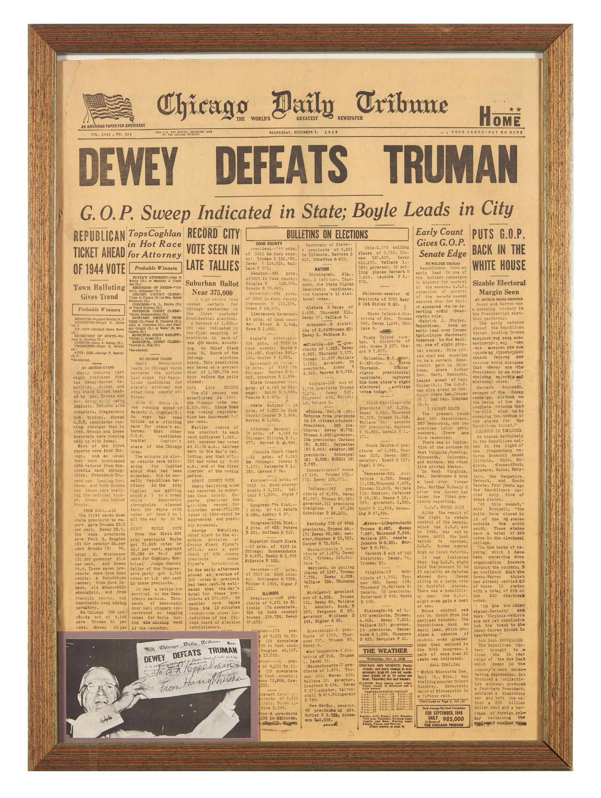 [Presidential] Truman, Harry. " Dewey Defeats Truman" issue of the Chicago Daily Tribune and Inscribed Photograph