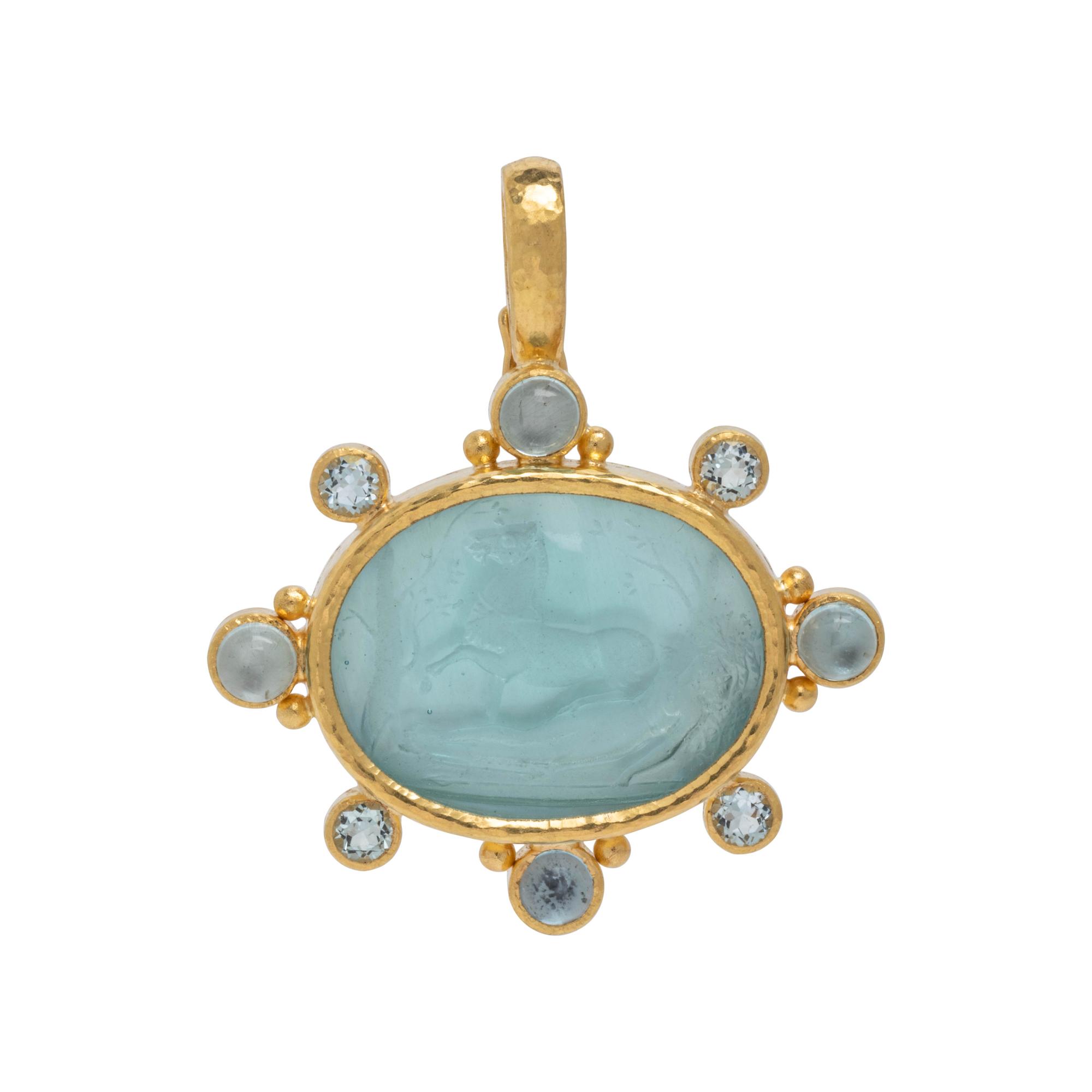 ELIZABETH LOCKE, YELLOW GOLD, INTAGLIO AND AQUAMARINE PENDANT