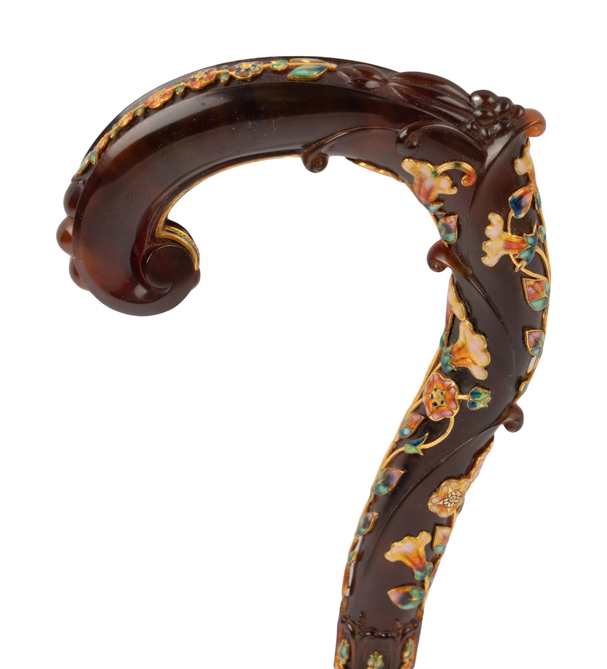A French Gold-Mounted and Enameled Tortoise Shell Parasol Handle Retailed by Tiffany and Co.