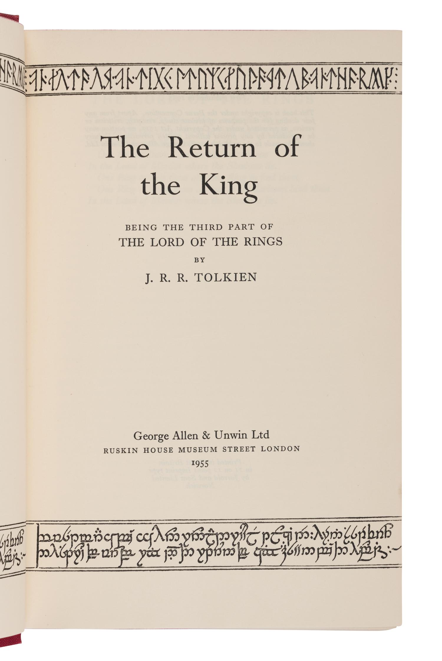 TOLKIEN, John Ronald Reuel (1892-1973). [The Lord of the Rings trilogy:] The Fellowship of the Ring . 1954. -- The Two Towers . 1954. -- The Return of the King . 1955. All London: Allen & Unwin Ltd.