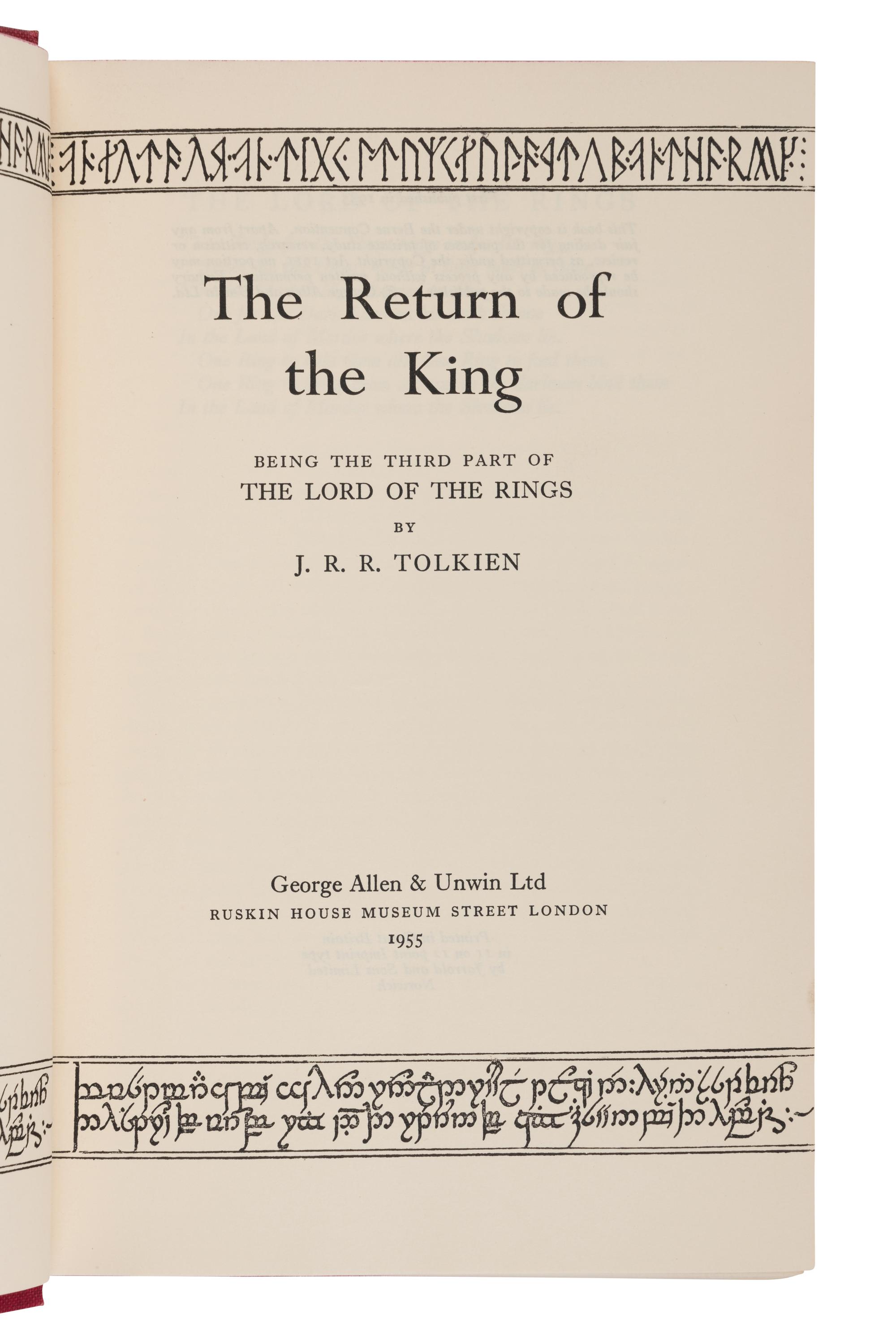 TOLKIEN, John Ronald Reuel (1892-1973). [The Lord of the Rings trilogy:] The Fellowship of the Ring . 1954. -- The Two Towers . 1954. -- The Return of the King . 1955. All London: Allen & Unwin Ltd.