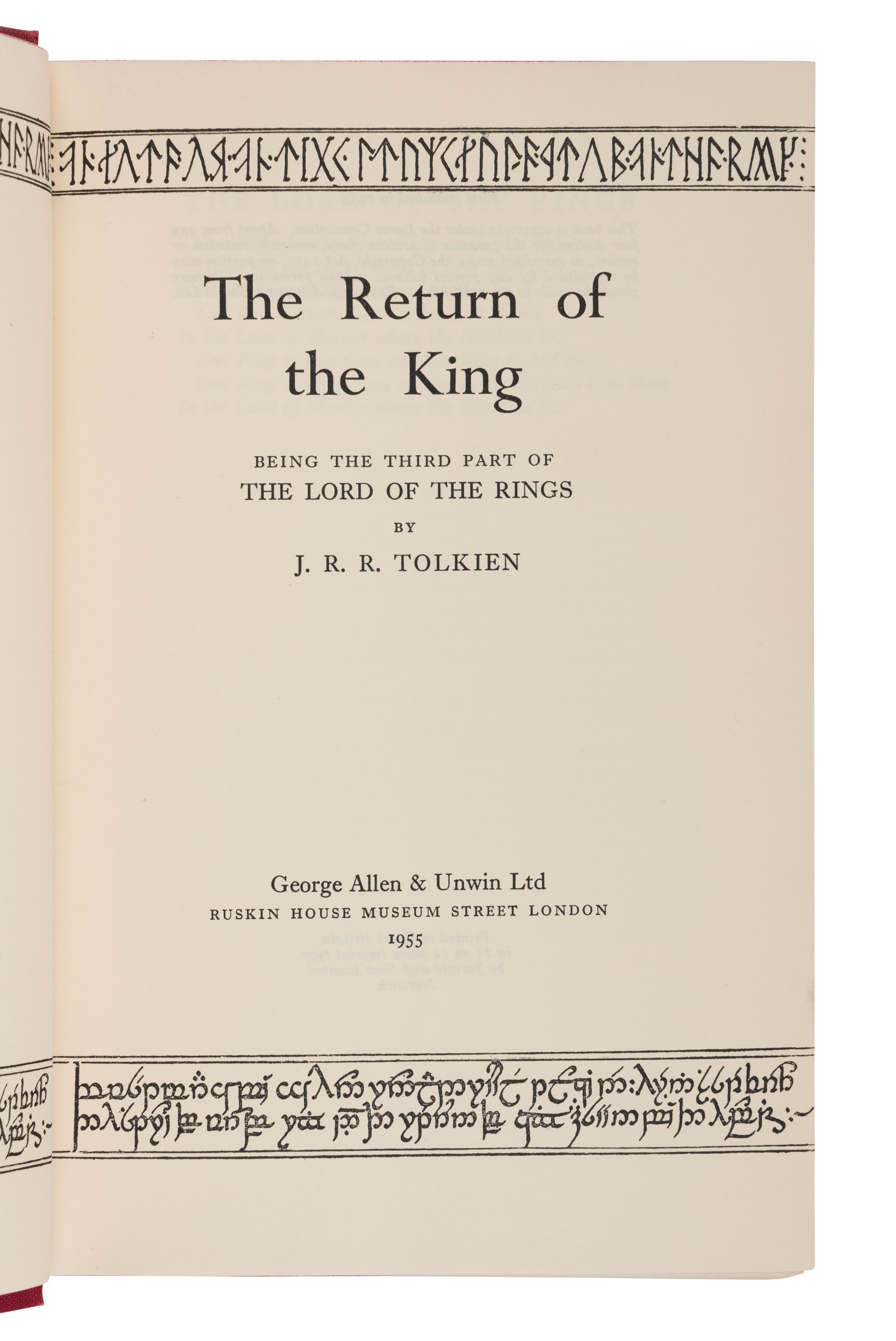 TOLKIEN, John Ronald Reuel (1892-1973). [The Lord of the Rings trilogy:] The Fellowship of the Ring . 1954. -- The Two Towers . 1954. -- The Return of the King . 1955. All London: Allen & Unwin Ltd.