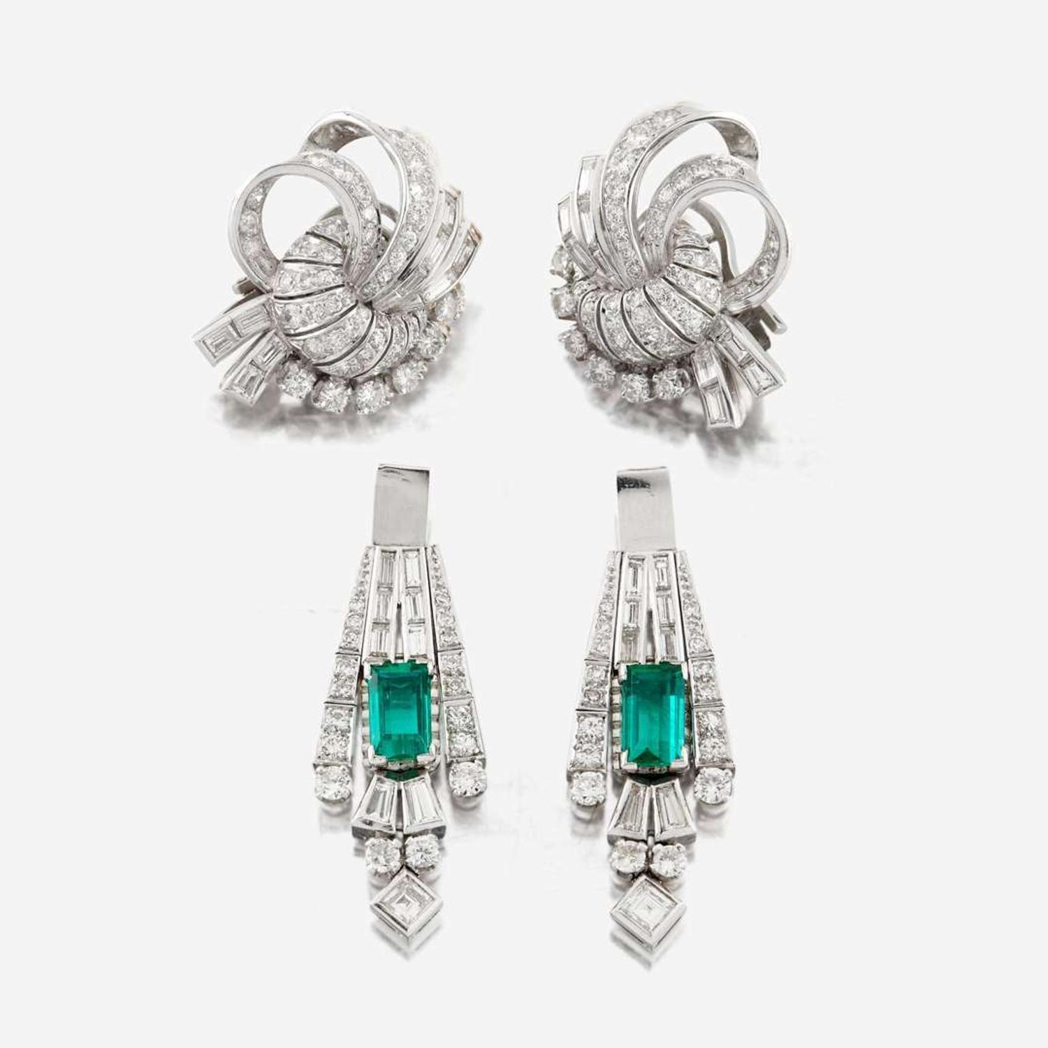 A pair of diamond, emerald, and platinum day/night earrings