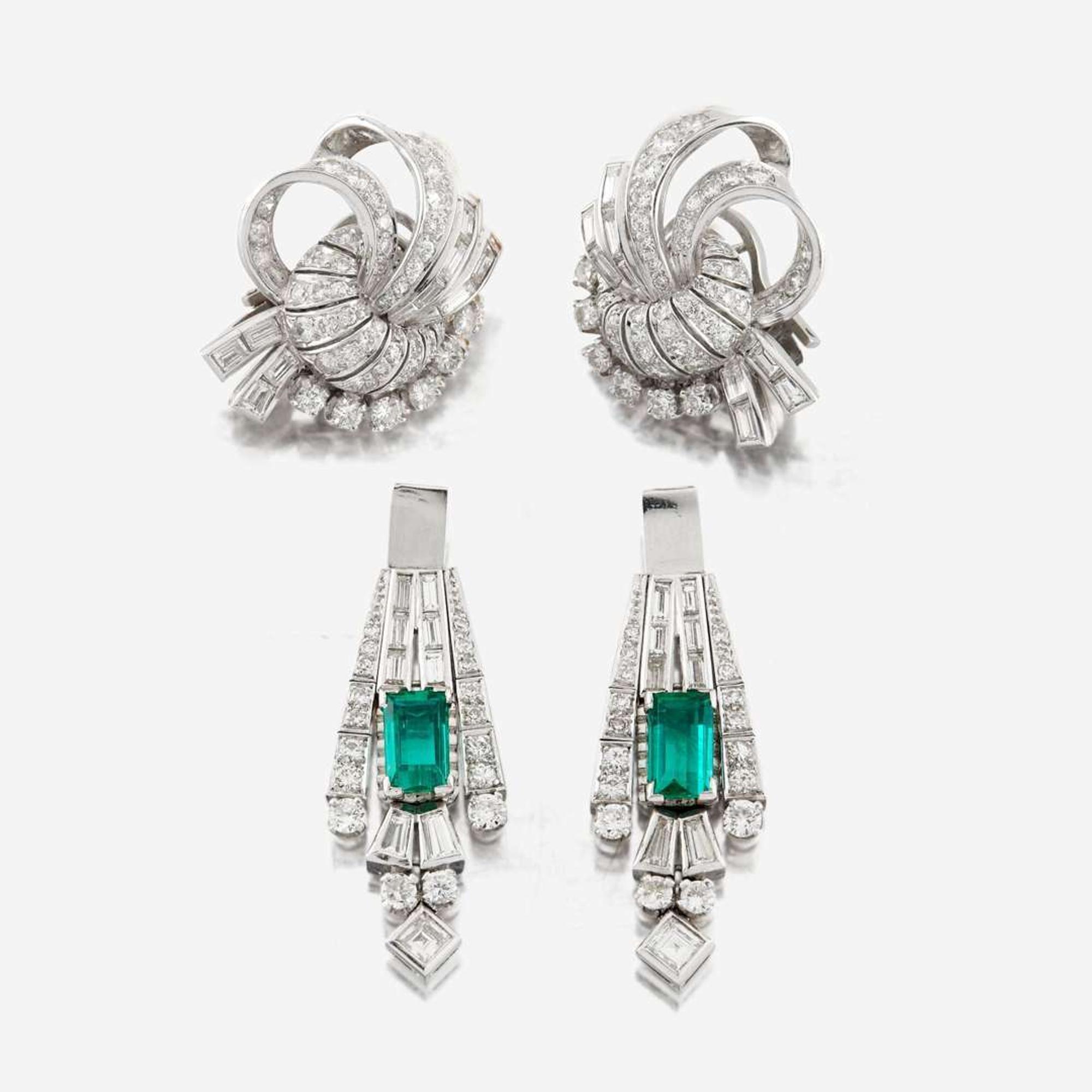 A pair of diamond, emerald, and platinum day/night earrings