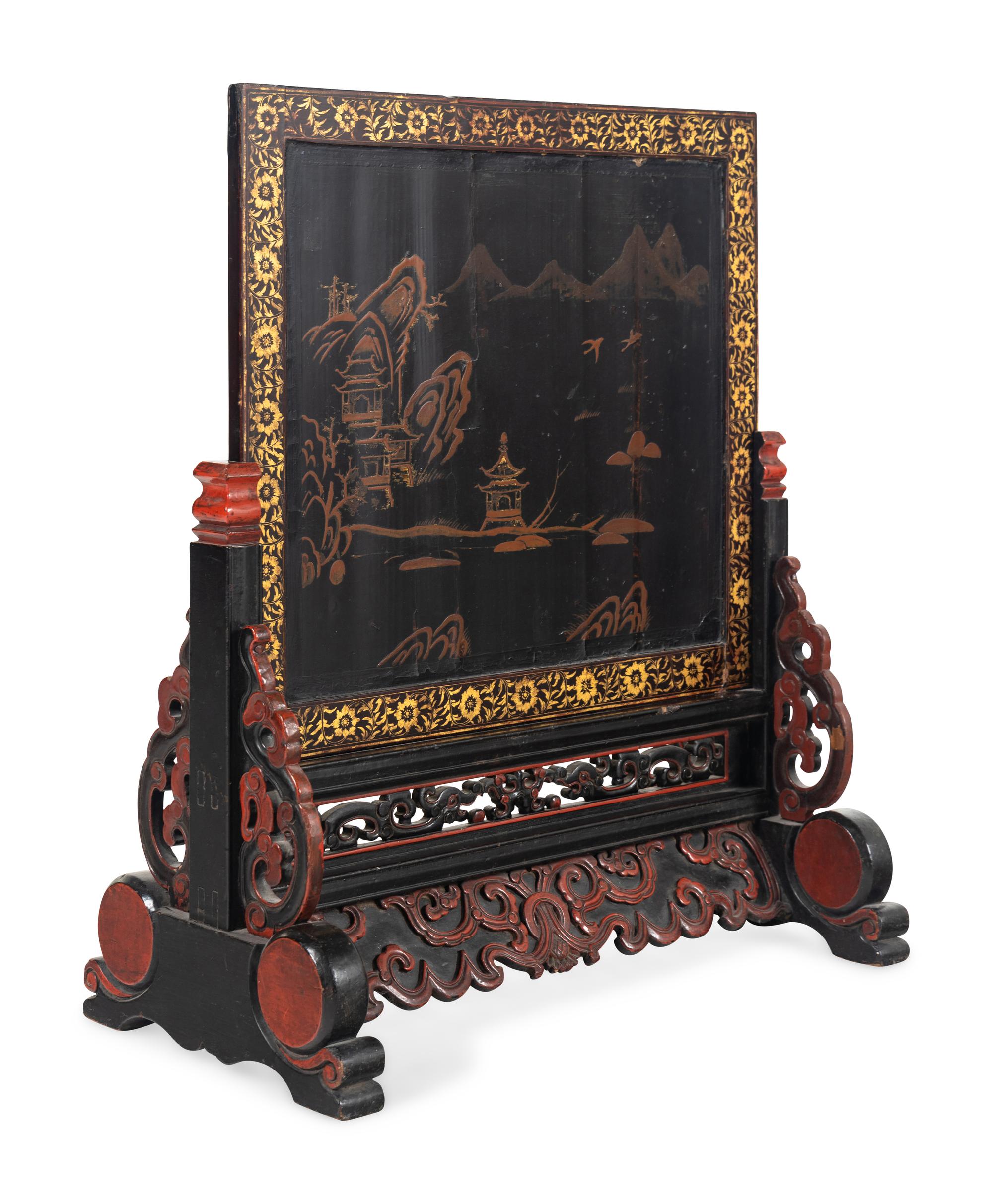 A Chinese Export Painted Table Screen in a Carved Lacquer Stand