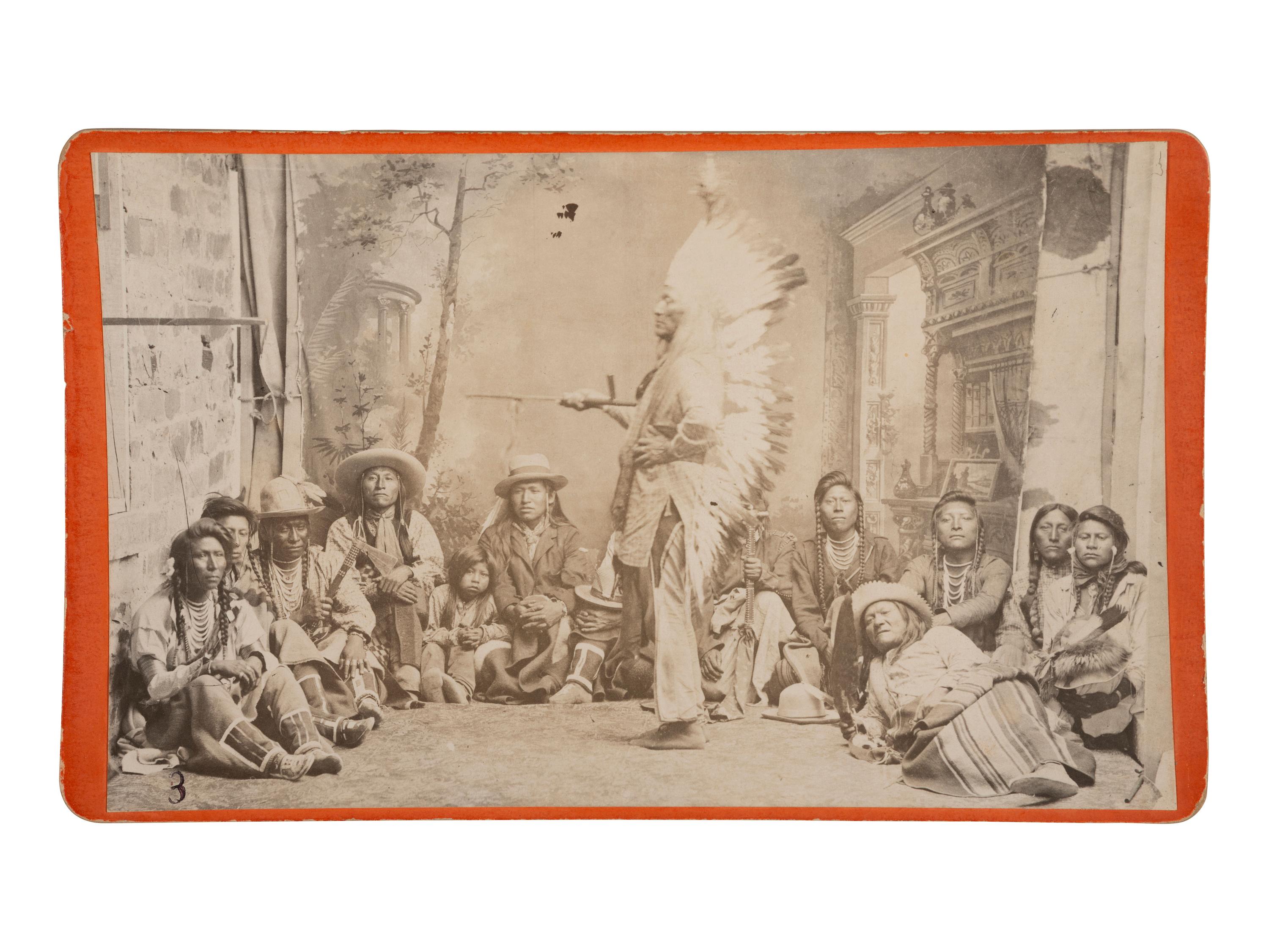 [NATIVE AMERICANS]. Cabinet photograph of Washakie and chiefs in council. Evanston, WY: Baker & Johnston, 1881-1882.