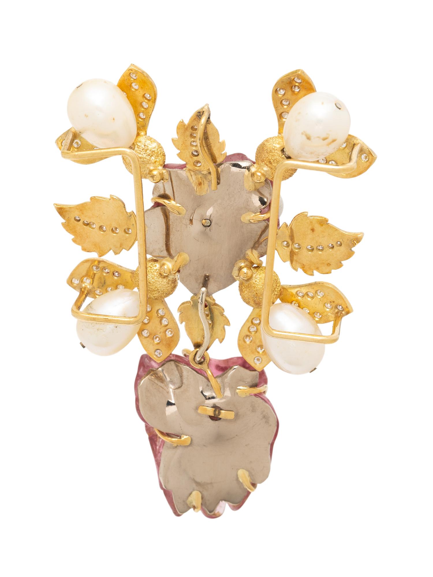 PINK TOURMALINE, CULTURED PEARL, DIAMOND, AND YELLOW GOLD FLOWER PENDANT