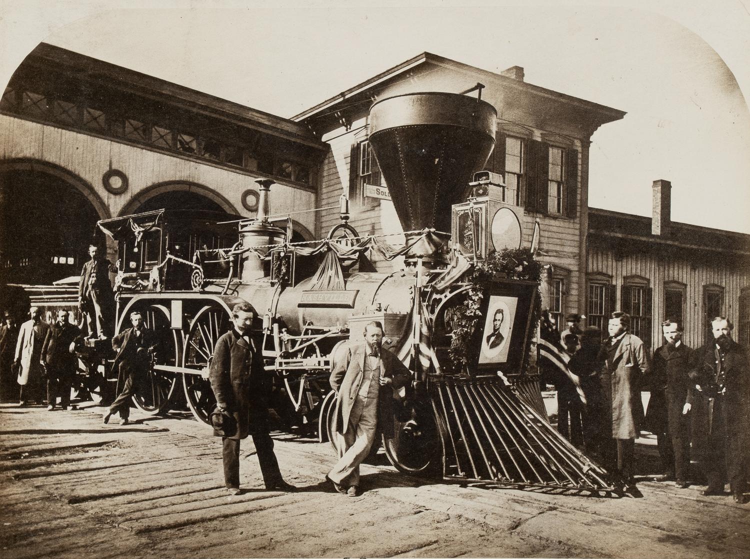 [LINCOLN'S FUNERAL]. A photograph of the "Nashville" locomotive that conveyed President Lincoln's body, ca. 24 April 1865. Printed ca late 19th-early 20th century.