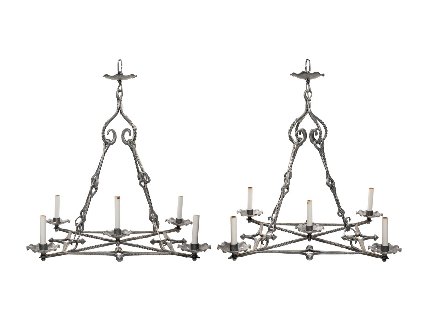 A Pair of Baroque Style Cast Metal Five-Light Ceiling Fixtures