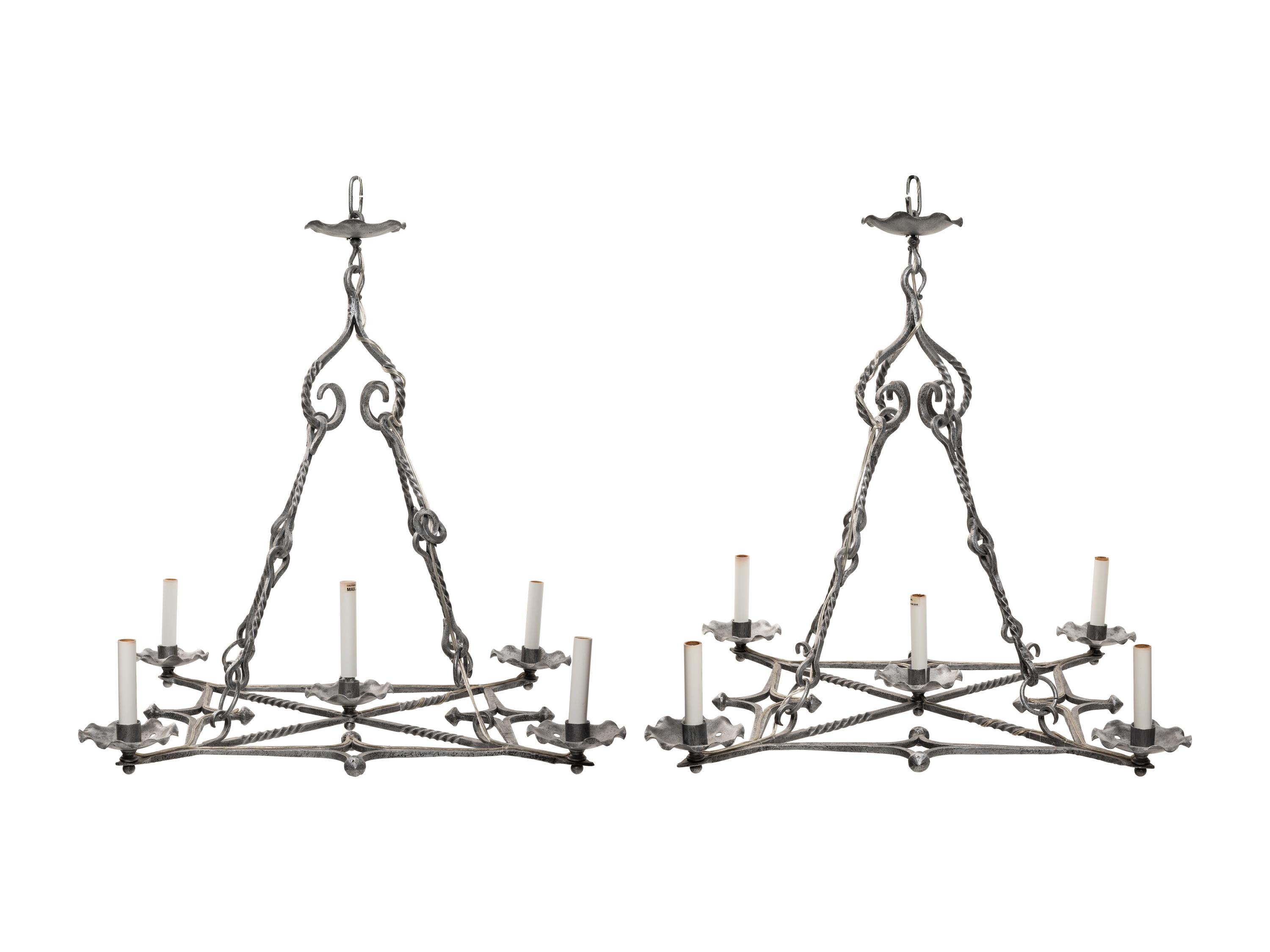 A Pair of Baroque Style Cast Metal Five-Light Ceiling Fixtures