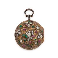 SILVER-GILT, DIAMOND, RUBY AND EMERALD OPEN FACE POCKET WATCH