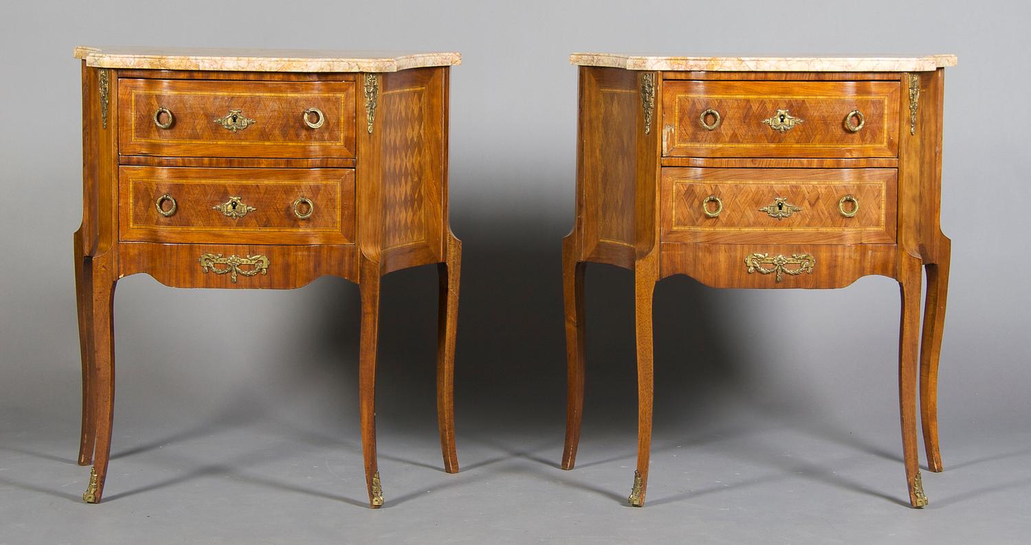 A Pair of Louis XVI Style Gilt Metal Mounted Commodes, Height 29 1/2 x width 27 1/2 x depth 15 inches.