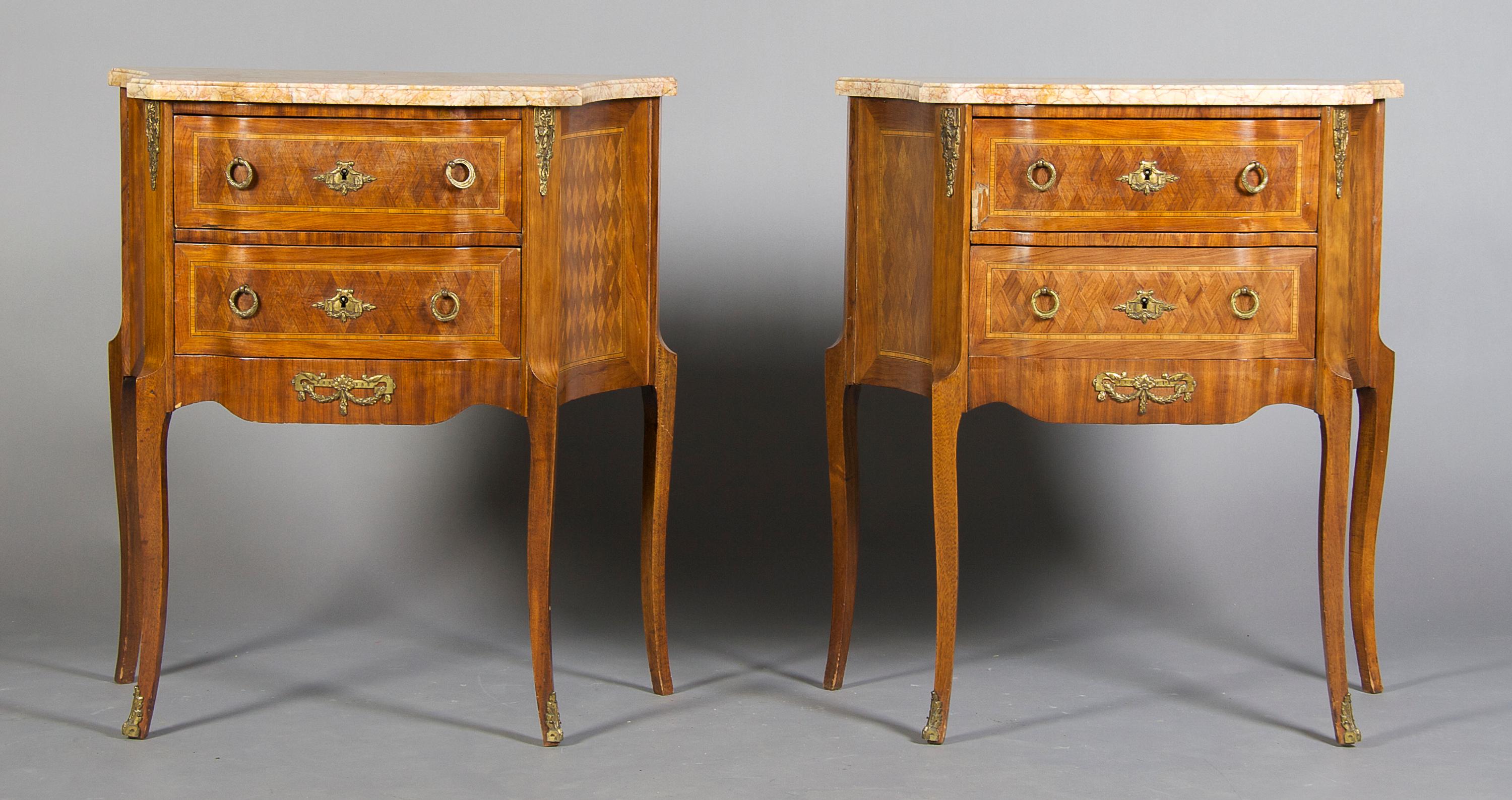 A Pair of Louis XVI Style Gilt Metal Mounted Commodes, Height 29 1/2 x width 27 1/2 x depth 15 inches.