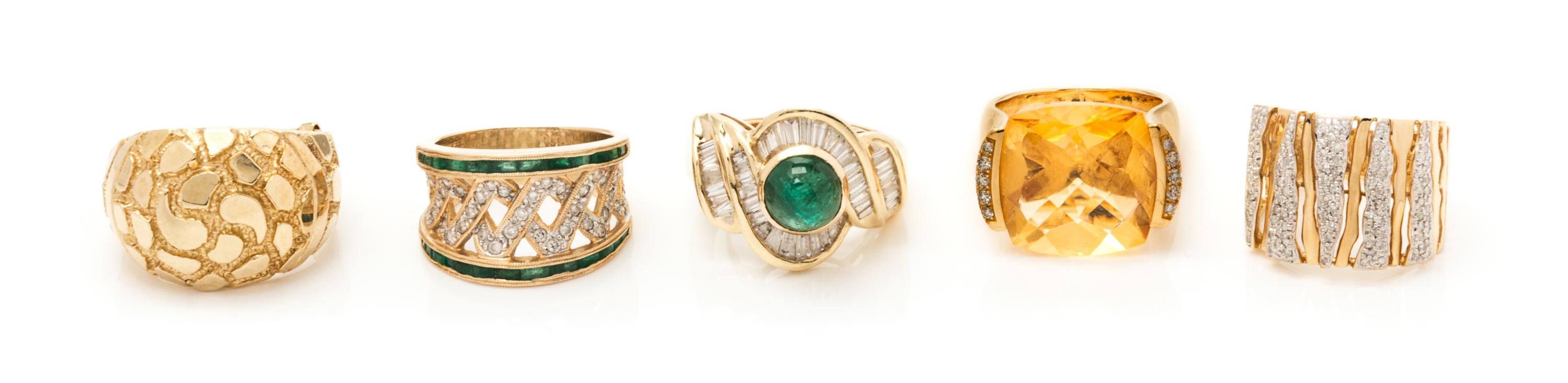 A Collection of Yellow Gold and Diamond Rings, 31.30 dwts.
