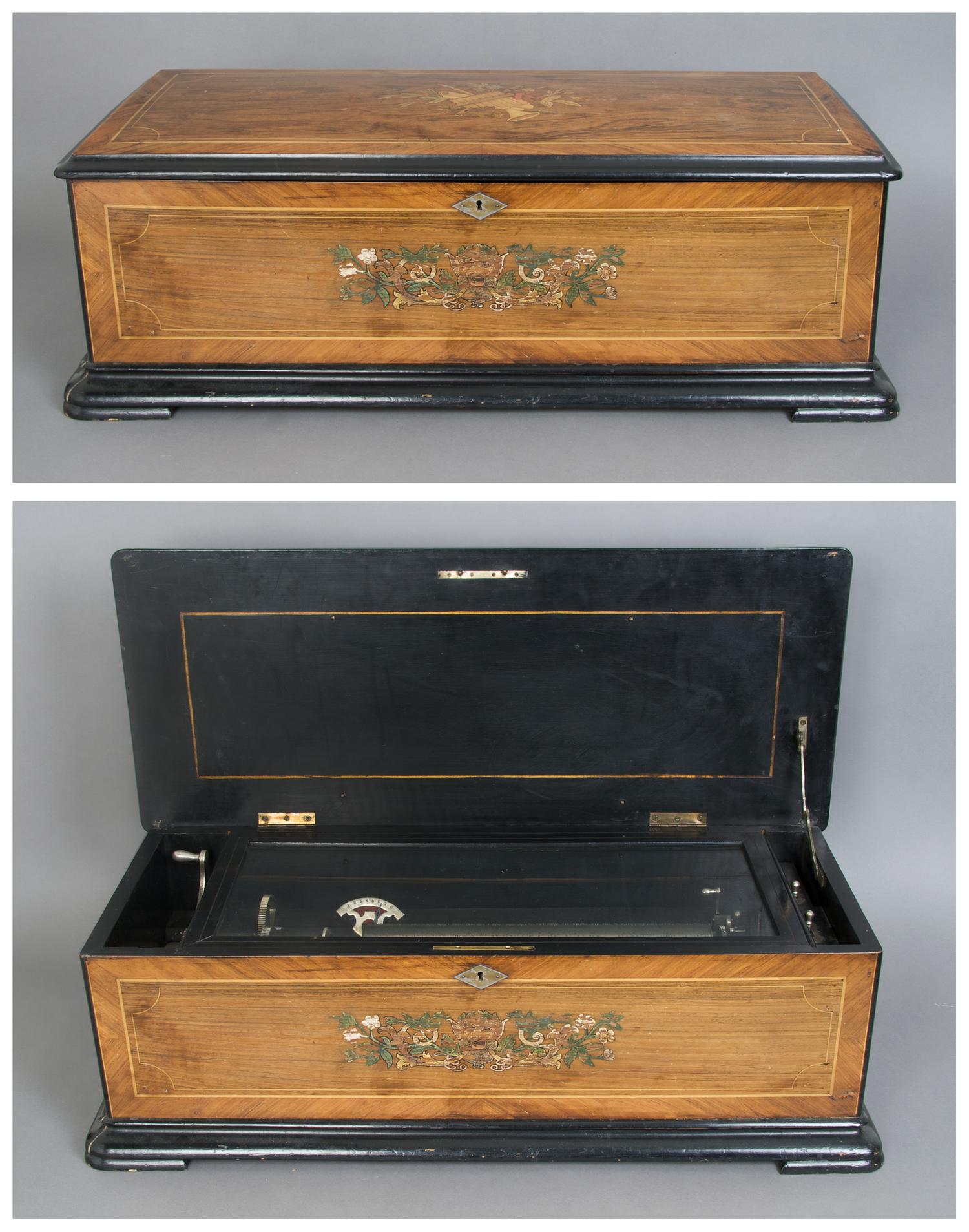 A Swiss Cylinder Music Box, Length of cylinder 12 3/4 inches.
