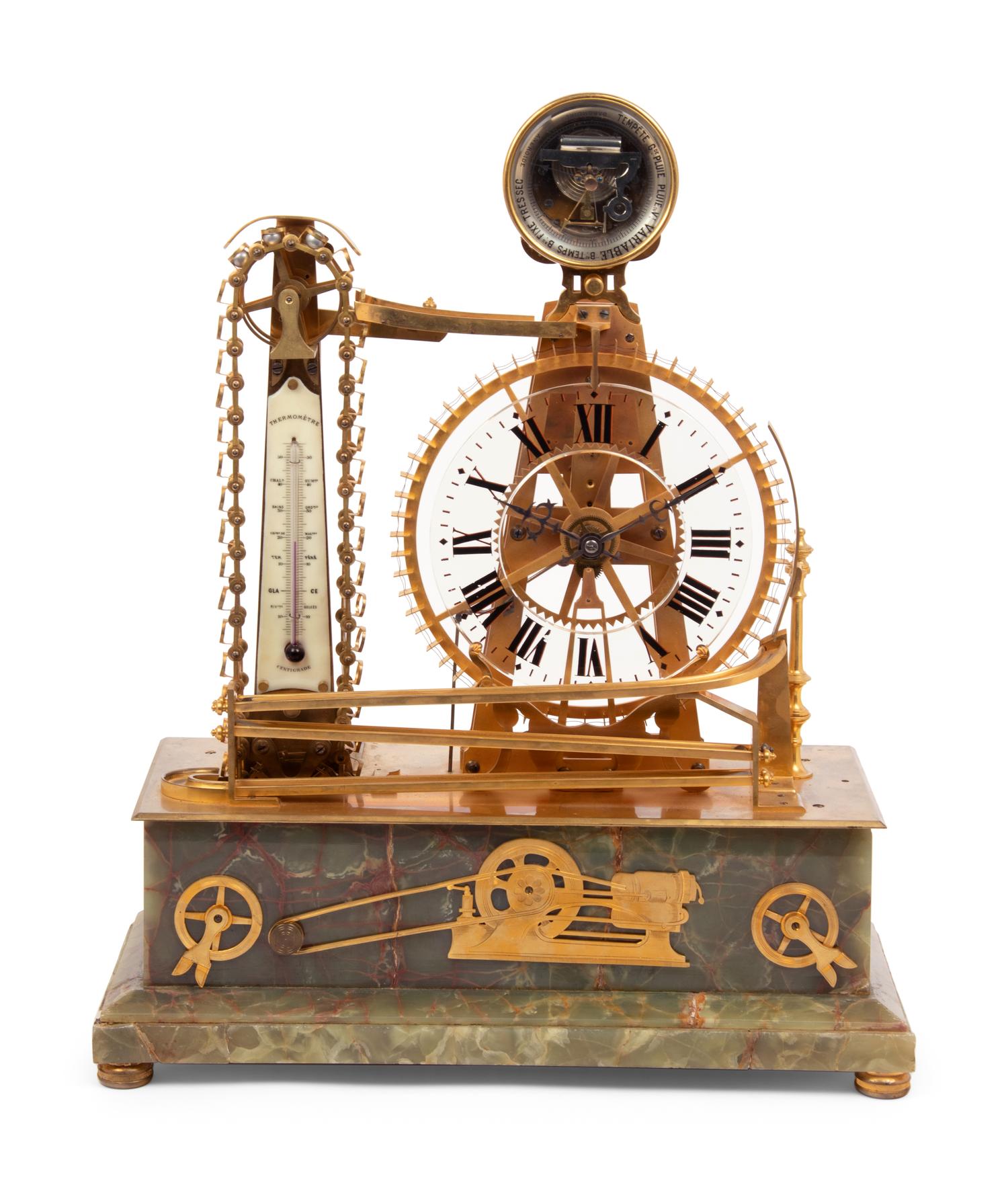 A French Gilt Metal and Onyx Mounted Compound Congreve Waterwheel Clock, Thermometer and Barometer