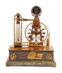 A French Gilt Metal and Onyx Mounted Compound Congreve Waterwheel Clock, Thermometer and Barometer