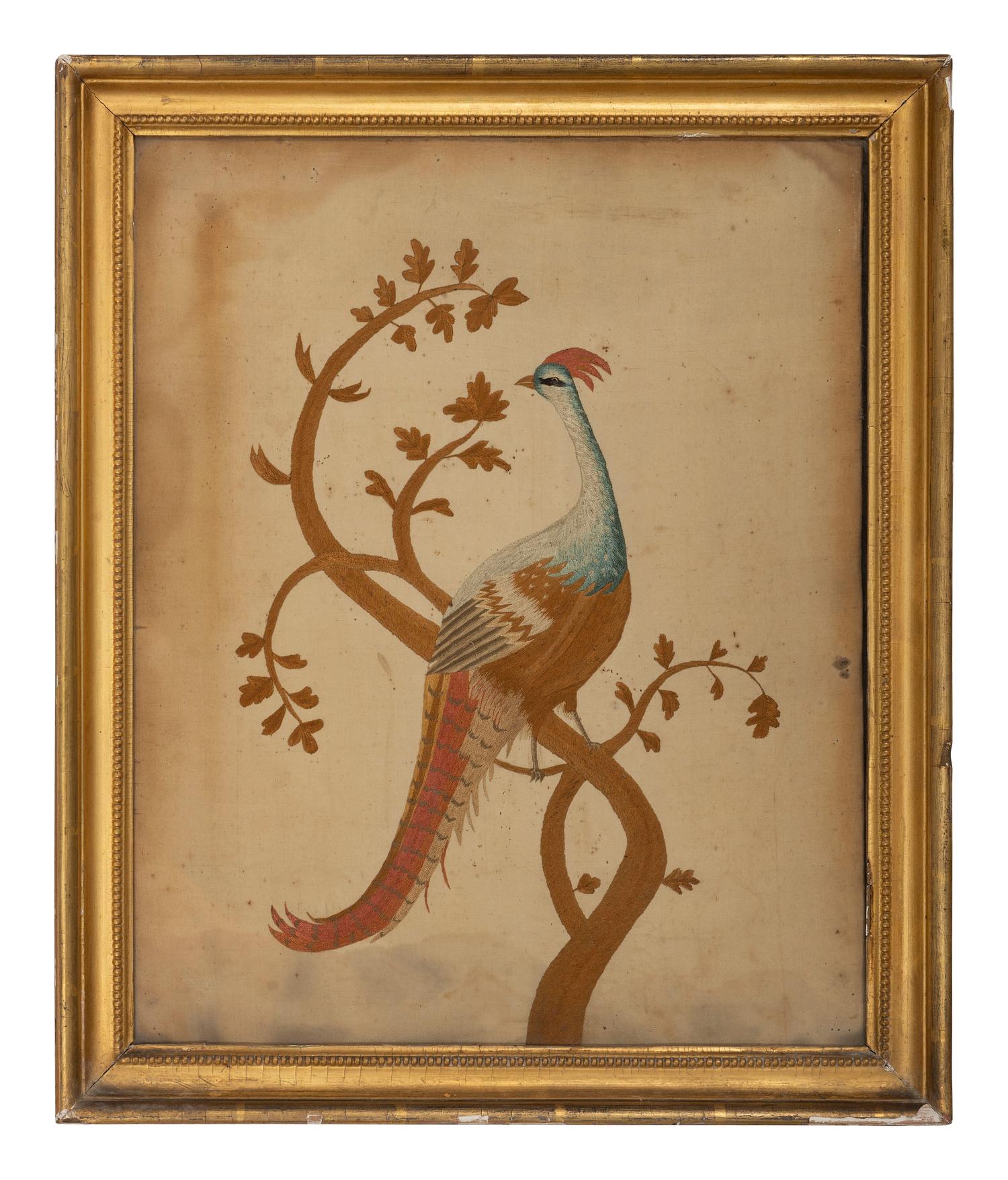 A Silk Needlework Panel of a Peacock