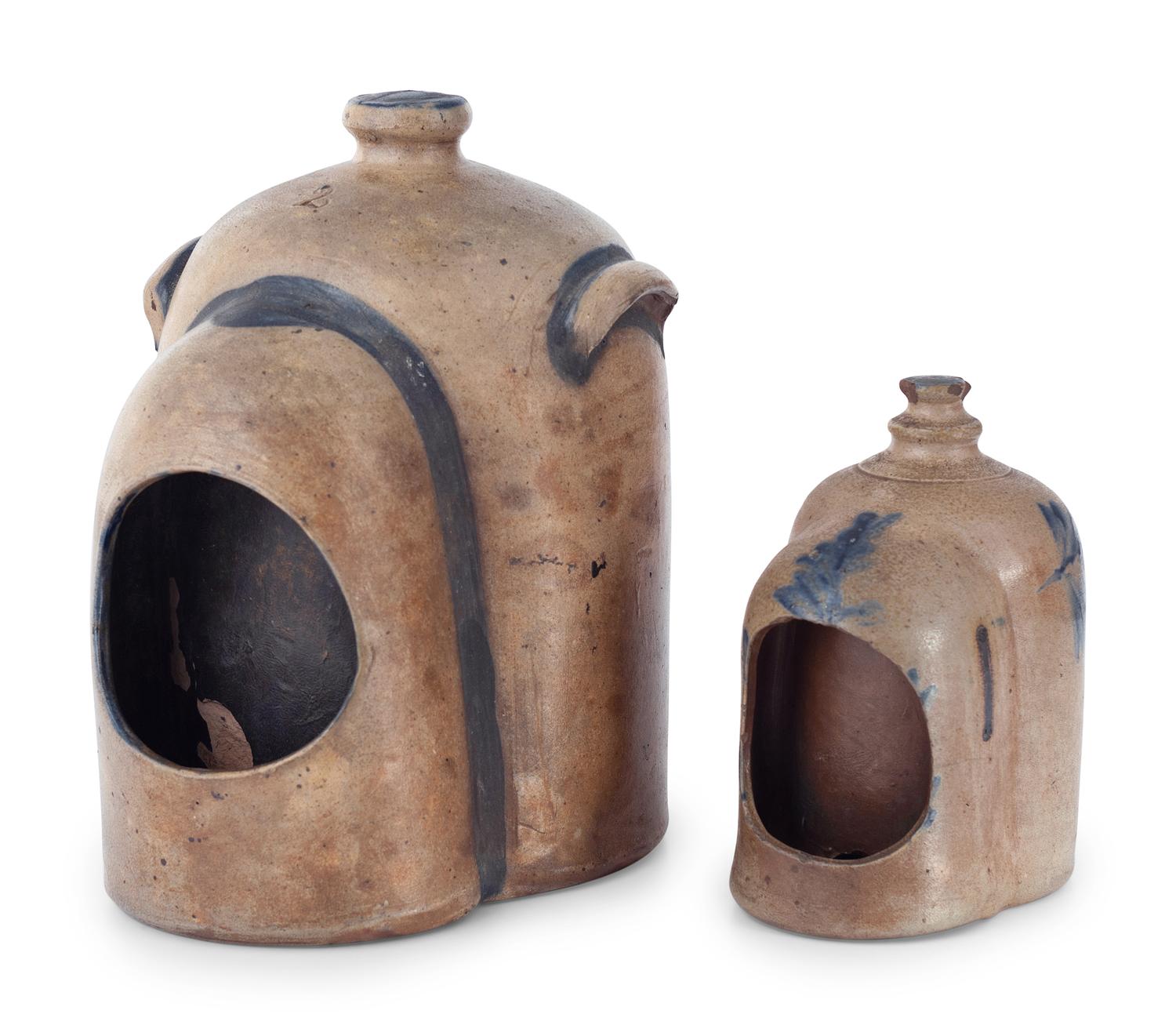 Two Cobalt Decorated Chicken Waterers
