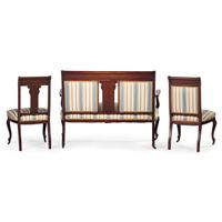 An Edwardian Style Mahogany and Marquetry Five-Piece Seating Suite
