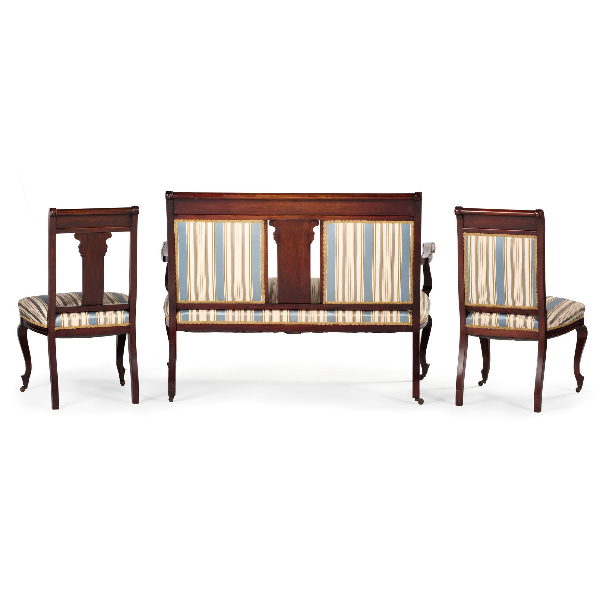 An Edwardian Style Mahogany and Marquetry Five-Piece Seating Suite