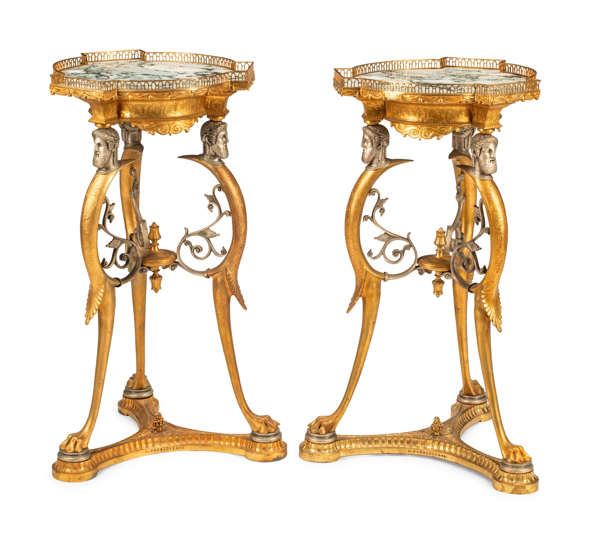 A Pair of French Neoclassical Style Gilt and Silvered Bronze Marble-Top Tables