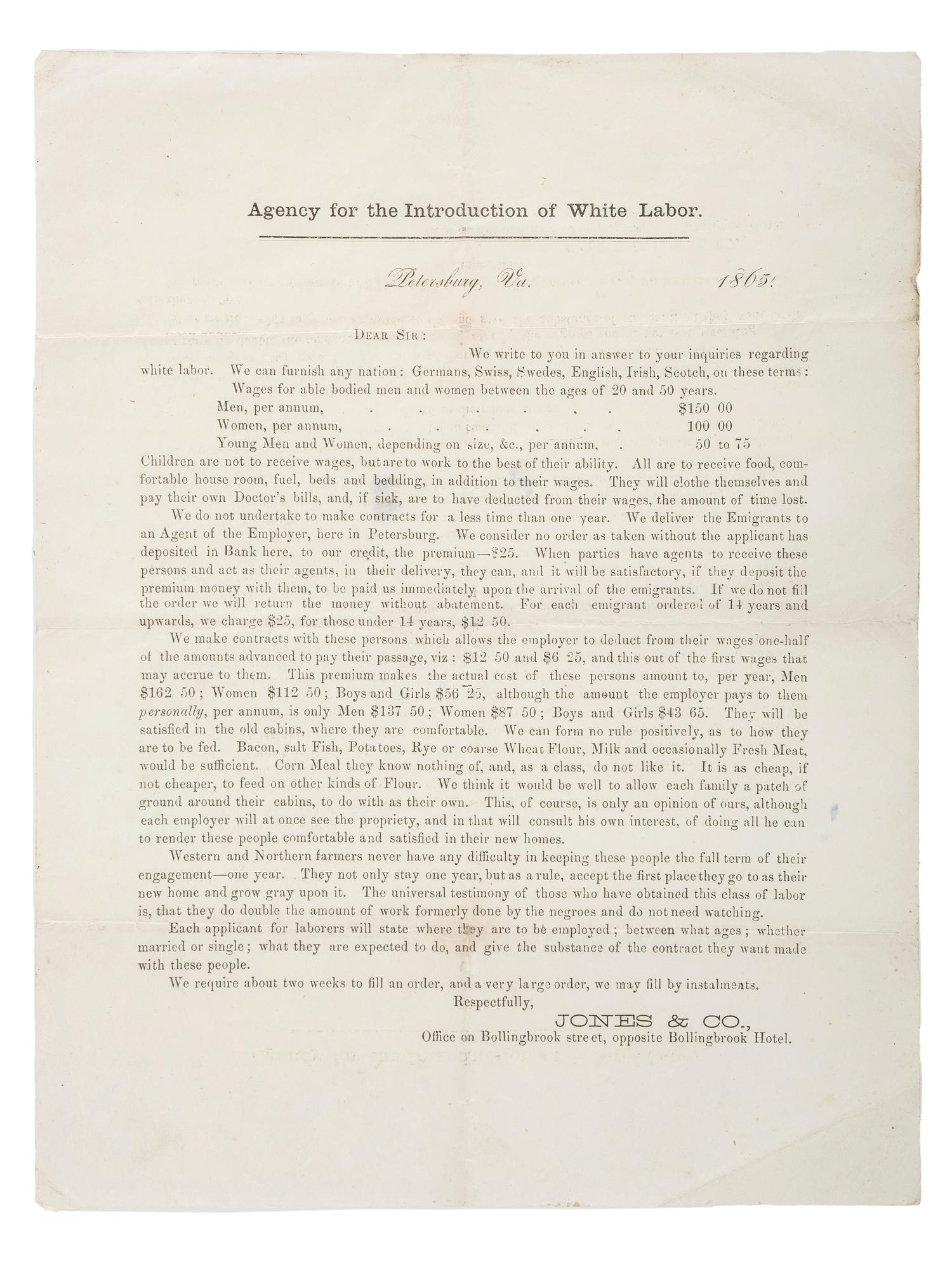 [RECONSTRUCTION - LABOR]. A group of documents and pamphlets related to Freedmen, especially labor issues including prison contract labor, comprising:
