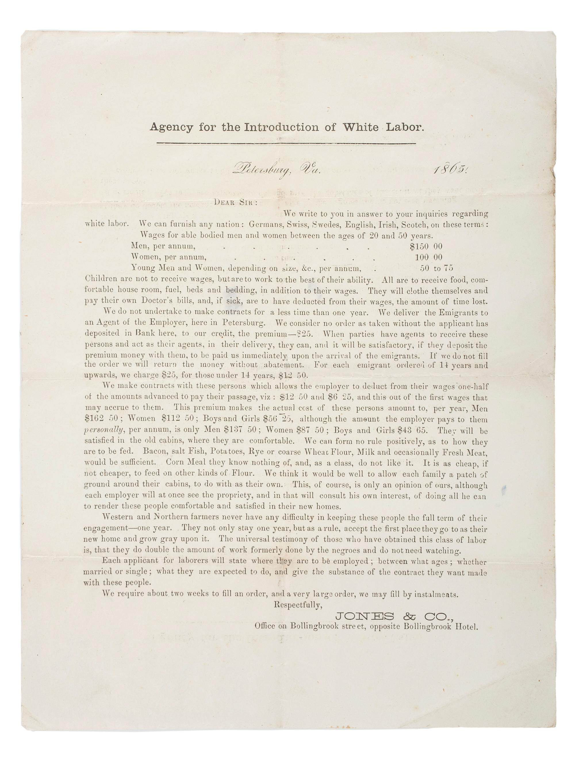 [RECONSTRUCTION - LABOR]. A group of documents and pamphlets related to Freedmen, especially labor issues including prison contract labor, comprising: