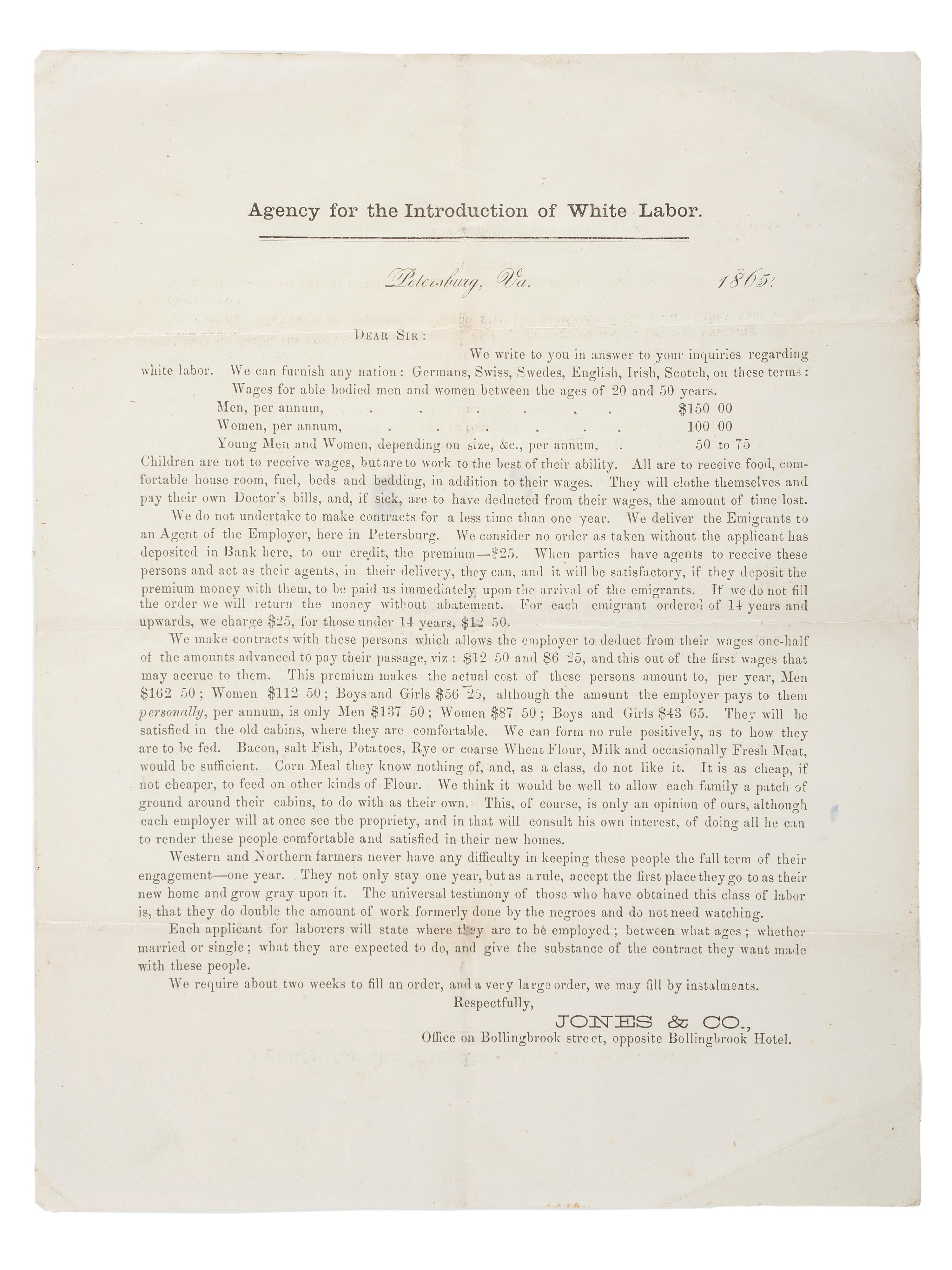 [RECONSTRUCTION - LABOR]. A group of documents and pamphlets related to Freedmen, especially labor issues including prison contract labor, comprising: