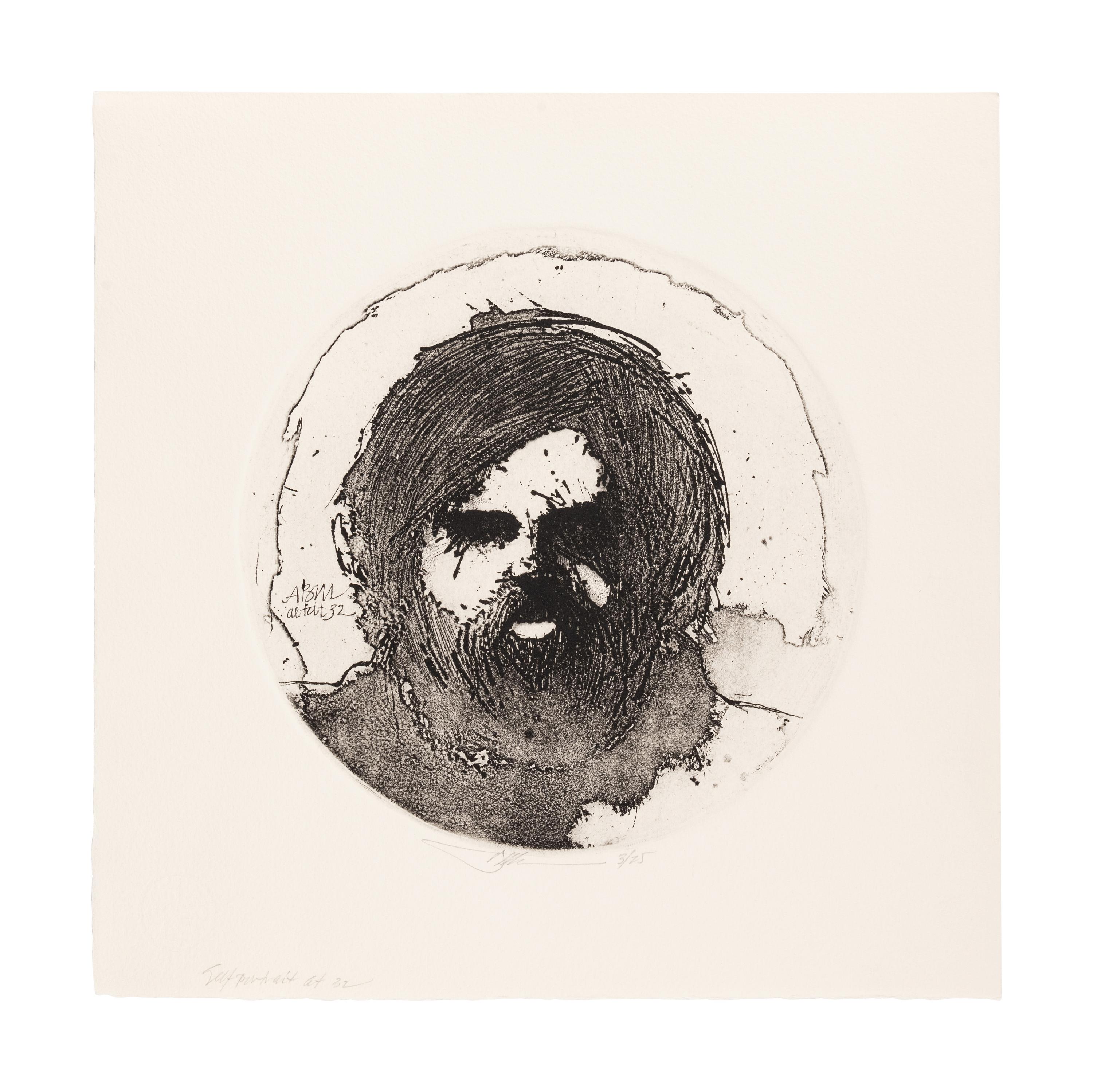 MOSER, Barry. Self Portrait at 32. [1972]. 346 x 354 mm. Etching and aquatint. Captioned and signed in pencil, numbered 3/25.
