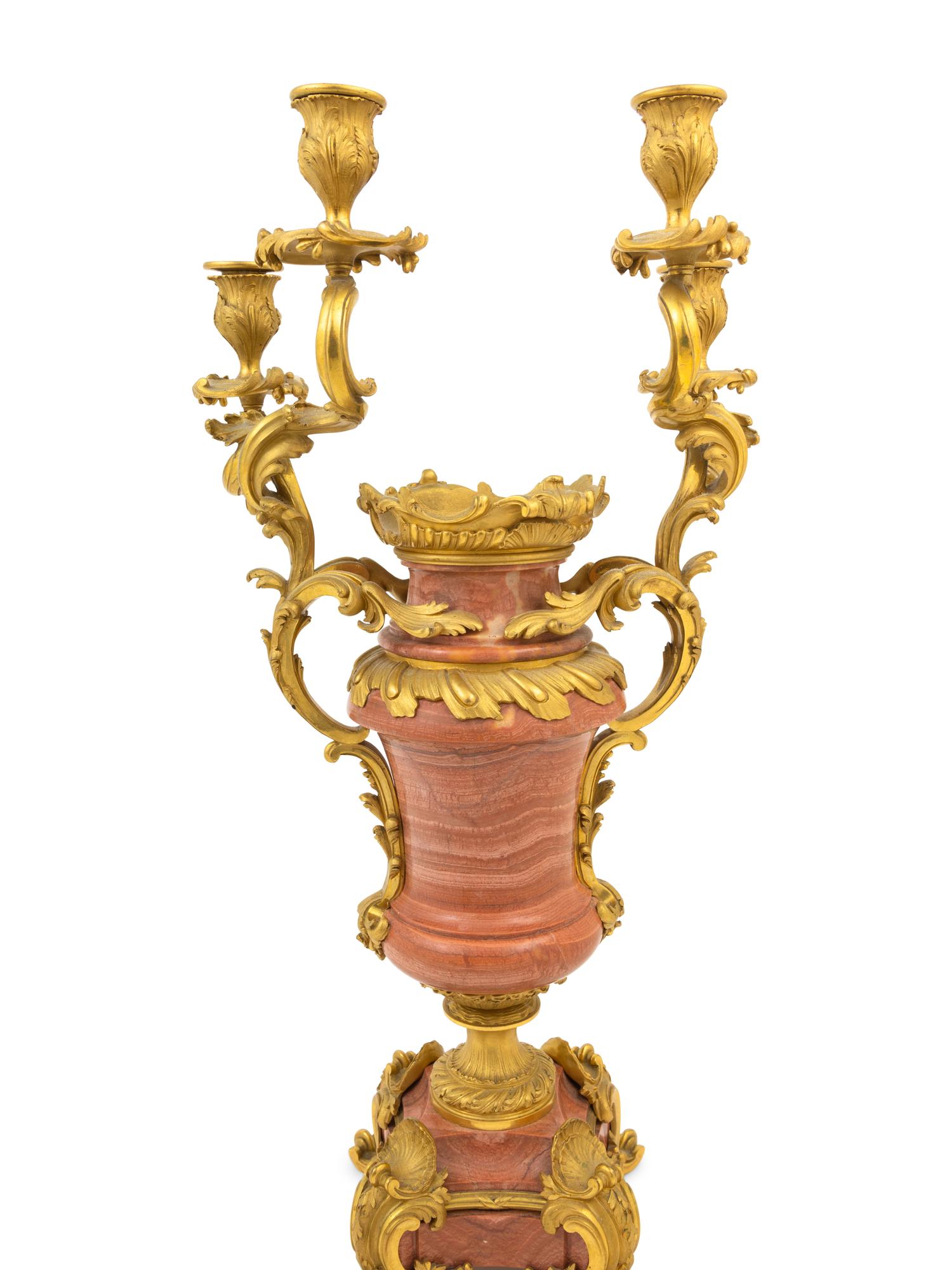 A Pair of French Gilt Bronze Mounted Marble Four-Light Candelabra