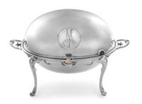 An English Silver-Plate Bacon Warmer, F.B. Thomas & Co., London, First Half 20th Century, of ovoid form, raised on splayed legs and mon