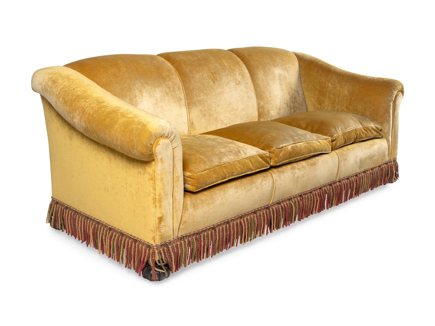 A Pair of Velvet-Upholstered Three-Cushion Sofas