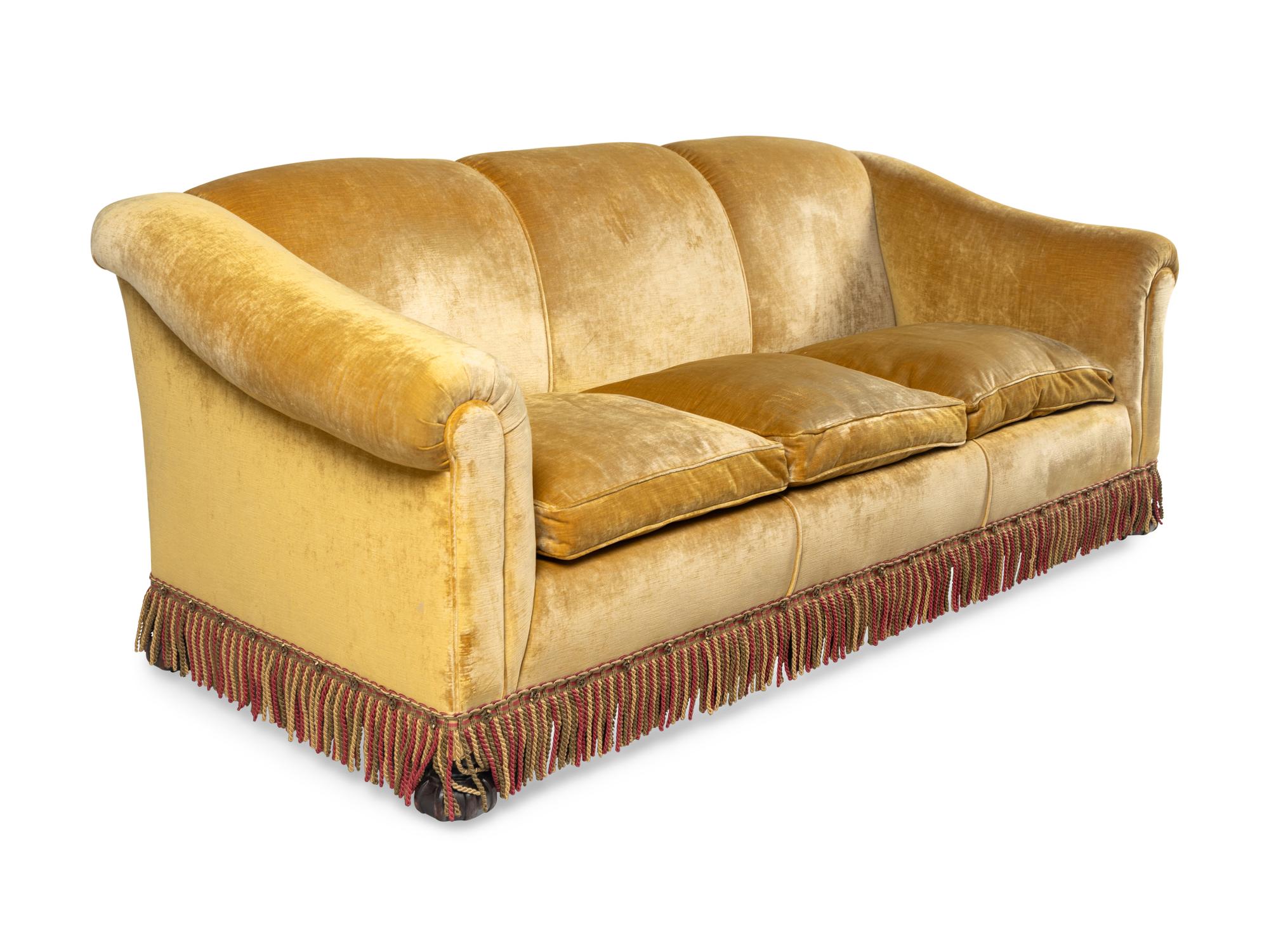 A Pair of Velvet-Upholstered Three-Cushion Sofas