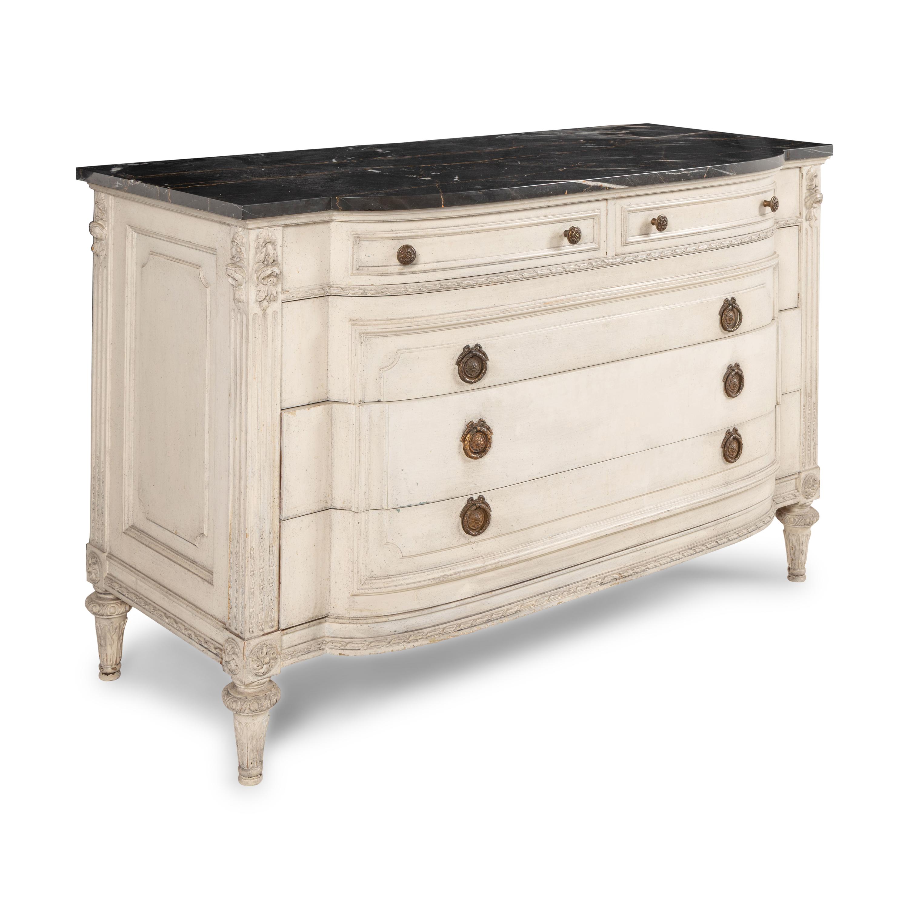 A Louis XVI Style White-Painted Marble-Top Commode