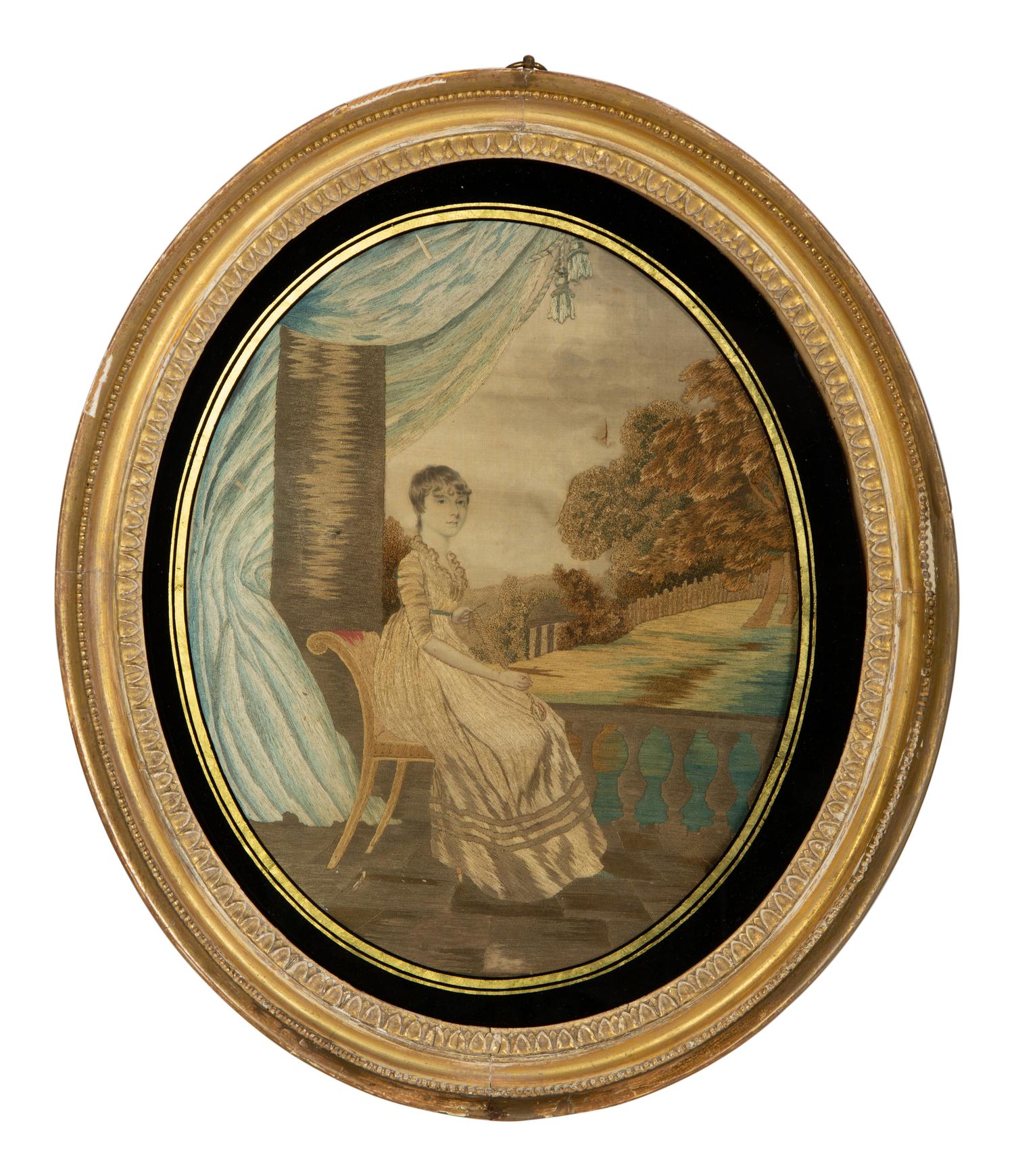 Three Continental Needlework and Silk Pictures in Gilt Frames
